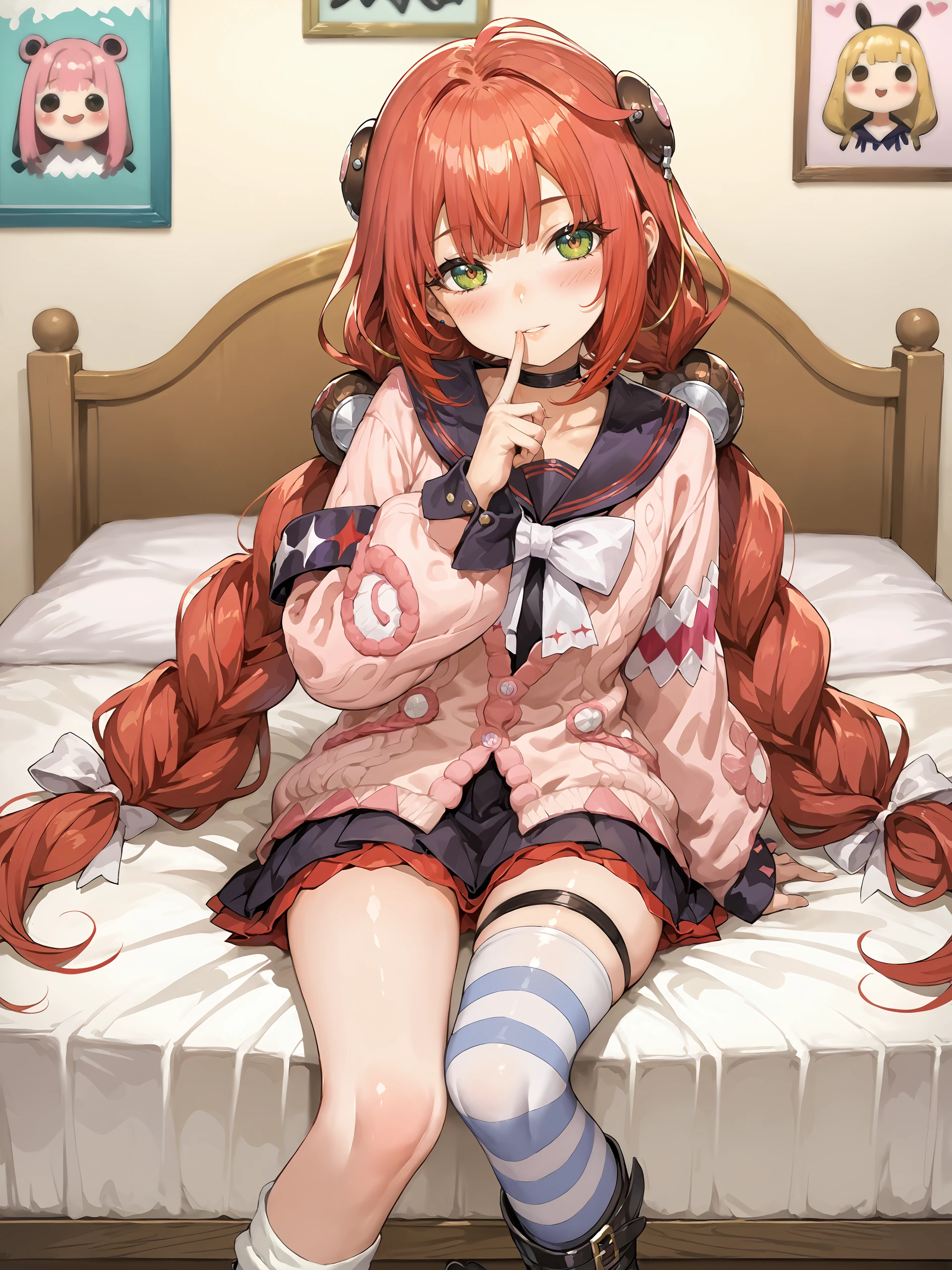 score_9, score_8_up, score_7_up, source_anime, ray tracing, best quality, <lora:style-Ishike:0.3>, <lora:style-odanon:0.3>, <lora:Char-ZZZ-Yuzuha-V1-Pony:0.9:hr=0.6>, 1girl, ukinami yuzuha, solo, twin braids, brown hairpods, hair bobbles, black choker, black sailor collar, white bowtie, pink cardigan, armband, layered skirt, thigh strap, striped single thighhigh, striped single kneehigh, knee boots, bedroom, sitting on bed, bedroom, full body, finger to mouth, head tilt, parted lips, looking at viewer, blush, depth of field