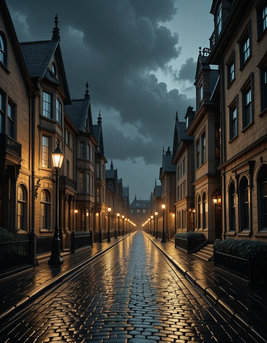 A mysterious and beautiful view of a fantastical Victorian street at night, its cobblestone pavement glistening wet after rain. Gas street lamps cast a soft golden glow along the road, while grand mansions and gothic-style houses line both sides of the street. Their tall windows shine with warm light against the darkness, creating a striking contrast. Above, the deep night sky stretches overhead, filled with drifting clouds that add to the moody, atmospheric scene. No people present.Victorian street 4t n1ght <lora:Victorian_street_4t_n1ght-i:1>, Masterpiece,best quality,hi res,8k,hi res,8k,award winning,(sharp focus, intricate, highly detailed),