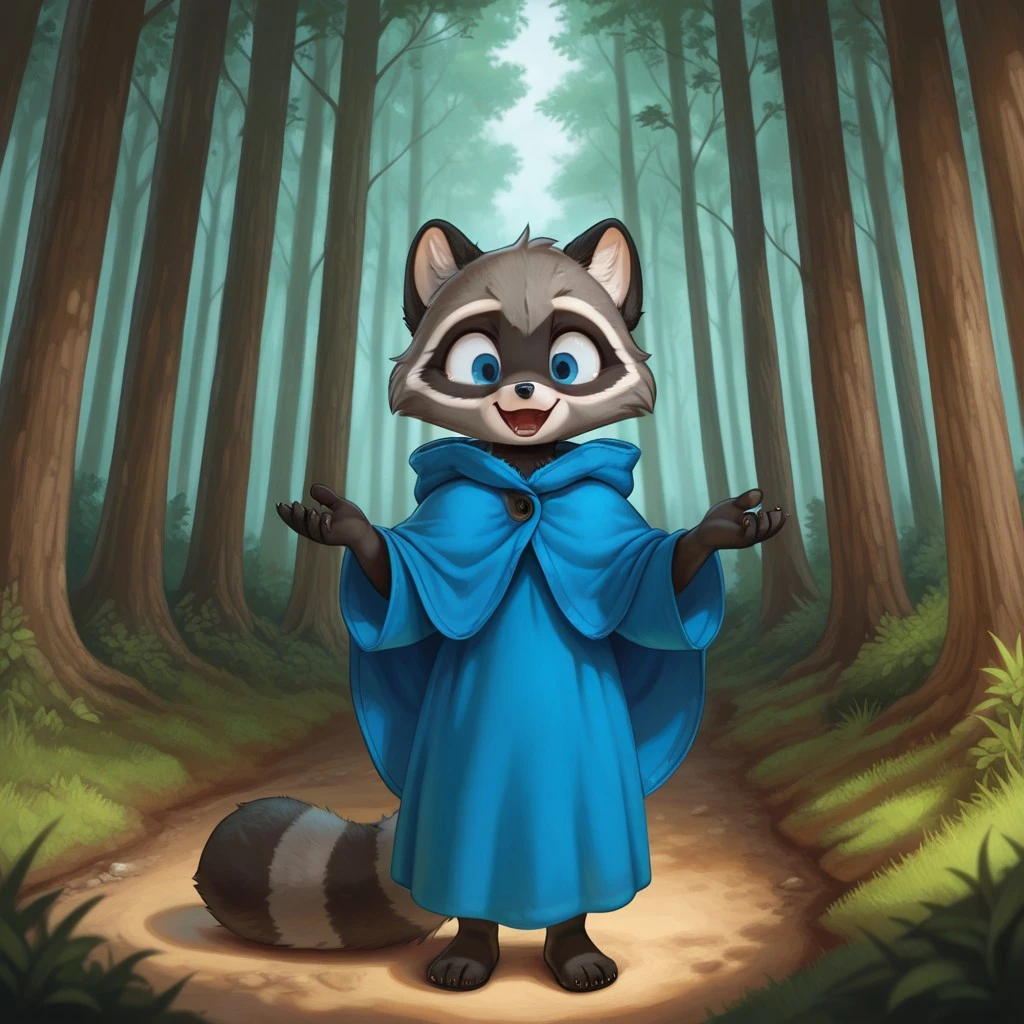 masterpiece, best quality, amazing quality, slvrfxstyleil, anthro, raccoon girl, black fur, blue eyes, blue hooded cloak, hood down, blue dress, wide sleeves, 1girl, forest clearing, standing, solo, <lora:4b1bb181-0596-4248-aa15-371b1389ed8f:1.0>