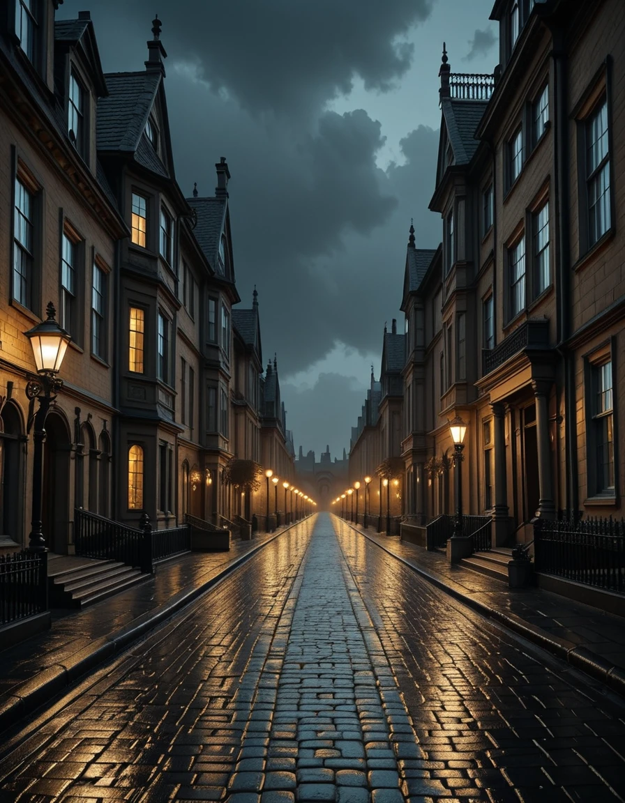 A mysterious and beautiful view of a fantastical Victorian street at night, its cobblestone pavement glistening wet after rain. Gas street lamps cast a soft golden glow along the road, while grand mansions and gothic-style houses line both sides of the street. Their tall windows shine with warm light against the darkness, creating a striking contrast. Above, the deep night sky stretches overhead, filled with drifting clouds that add to the moody, atmospheric scene. No people present.Victorian street 4t n1ght <lora:Victorian_street_4t_n1ght-i:1>, Masterpiece,best quality,hi res,8k,hi res,8k,award winning,(sharp focus, intricate, highly detailed),