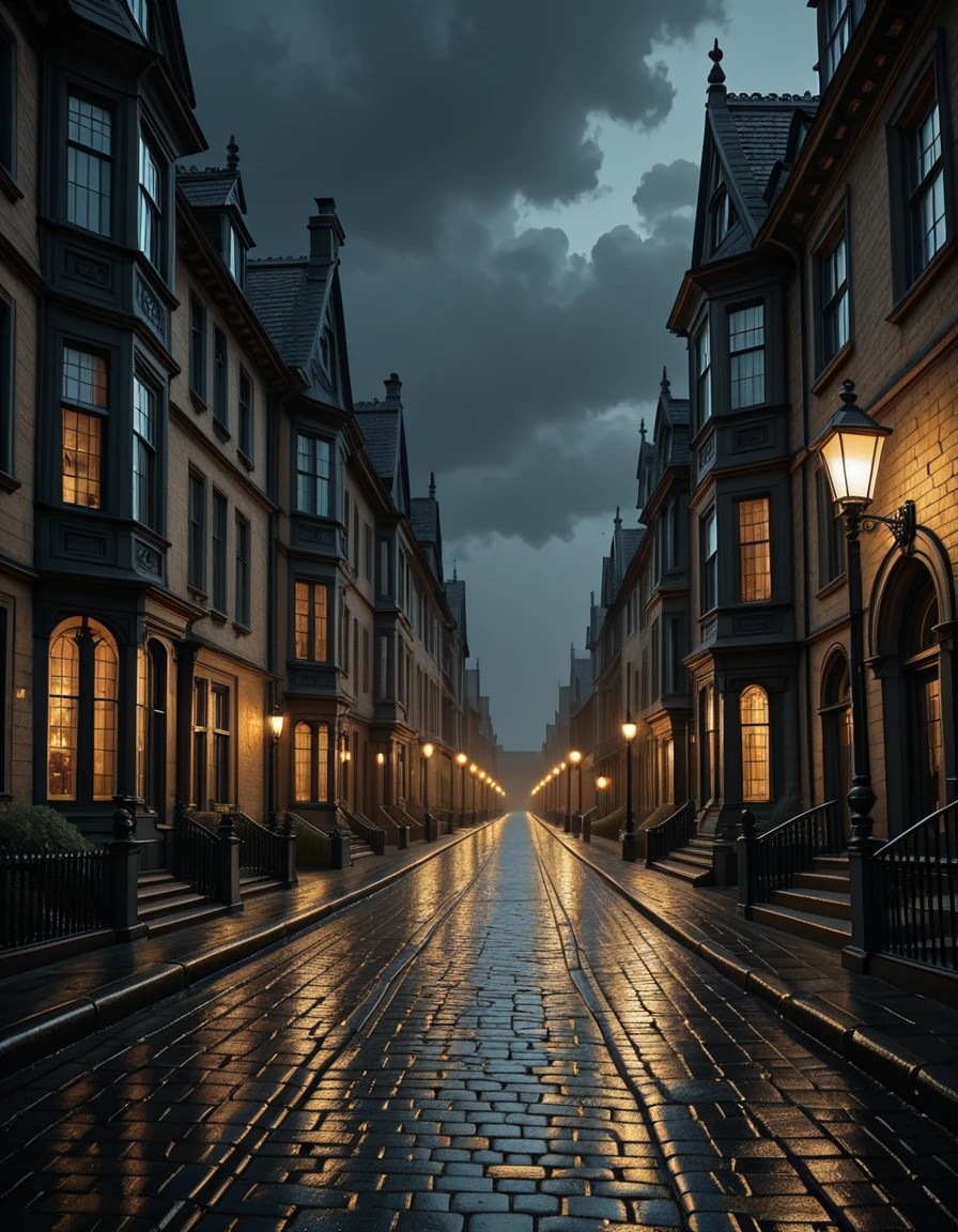 A mysterious and beautiful view of a fantastical Victorian street at night, its cobblestone pavement glistening wet after rain. Gas street lamps cast a soft golden glow along the road, while grand mansions and gothic-style houses line both sides of the street. Their tall windows shine with warm light against the darkness, creating a striking contrast. Above, the deep night sky stretches overhead, filled with drifting clouds that add to the moody, atmospheric scene. No people present.Victorian street 4t n1ght <lora:Victorian_street_4t_n1ght-i:1>, Masterpiece,best quality,hi res,8k,hi res,8k,award winning,(sharp focus, intricate, highly detailed),