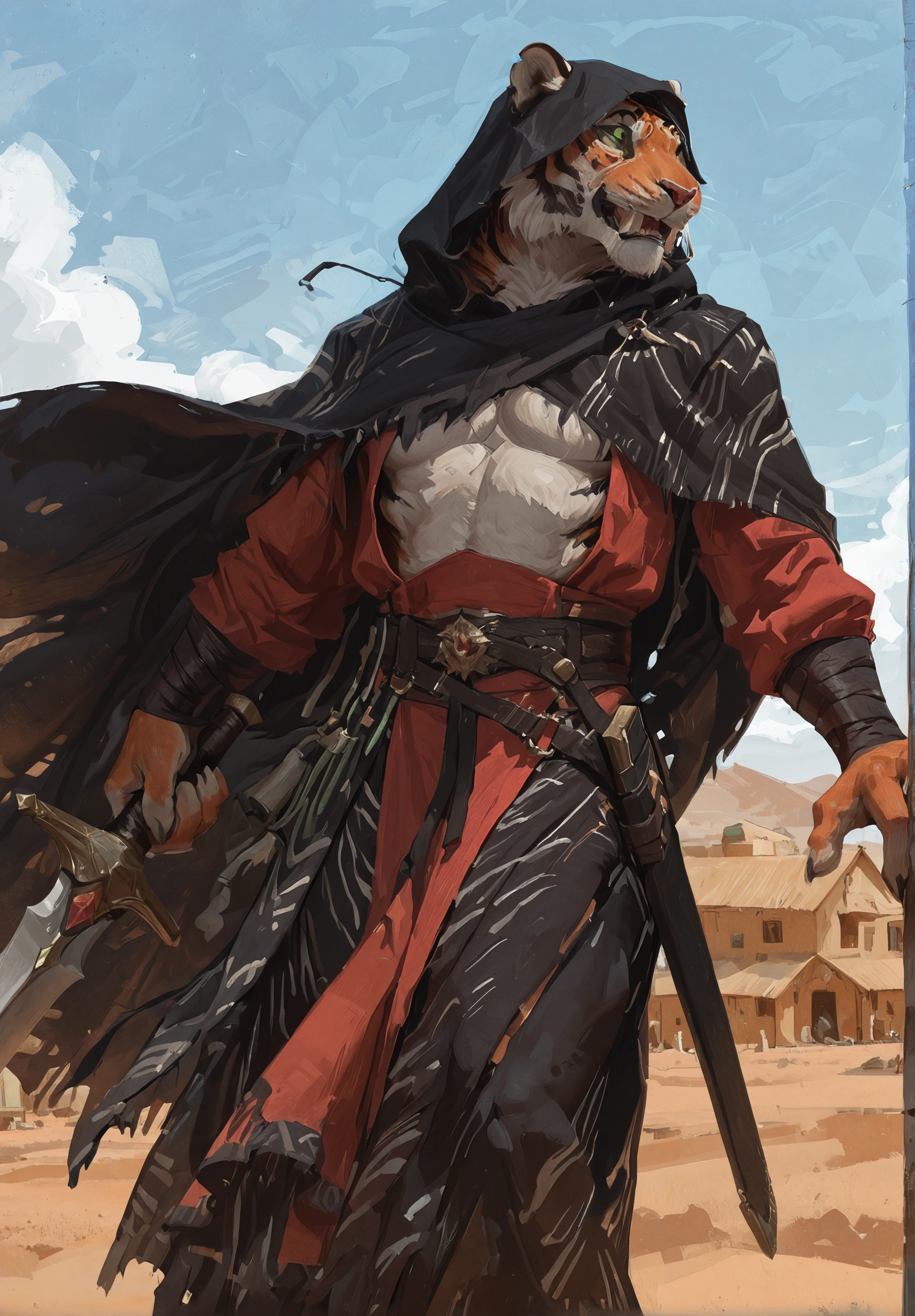 masterpiece, best quality, 32k, high resolution, absurdres, HD32k, masterpiece, high detail, extremely detailed, (realistic), (flat color), <lora:96YOTTEA-WAI:0.65>, <lora:PixelSketcher:0.3>, <lora:raptoral_style_for_illu:0.5>,
red clothes, black hood, sword on hip, curved sword, desert town, village, green sclera, colored sclera, dark cloak, dynamic pose,
1boy, solo r4ksh4s4, tiger stripes, tusks, sharp teeth, animal ears, fur, black stripes, anthro, sharp teeth, round ears, orange skin, white underbelly
<lora:Rakshasa for Illustrious:0.9>