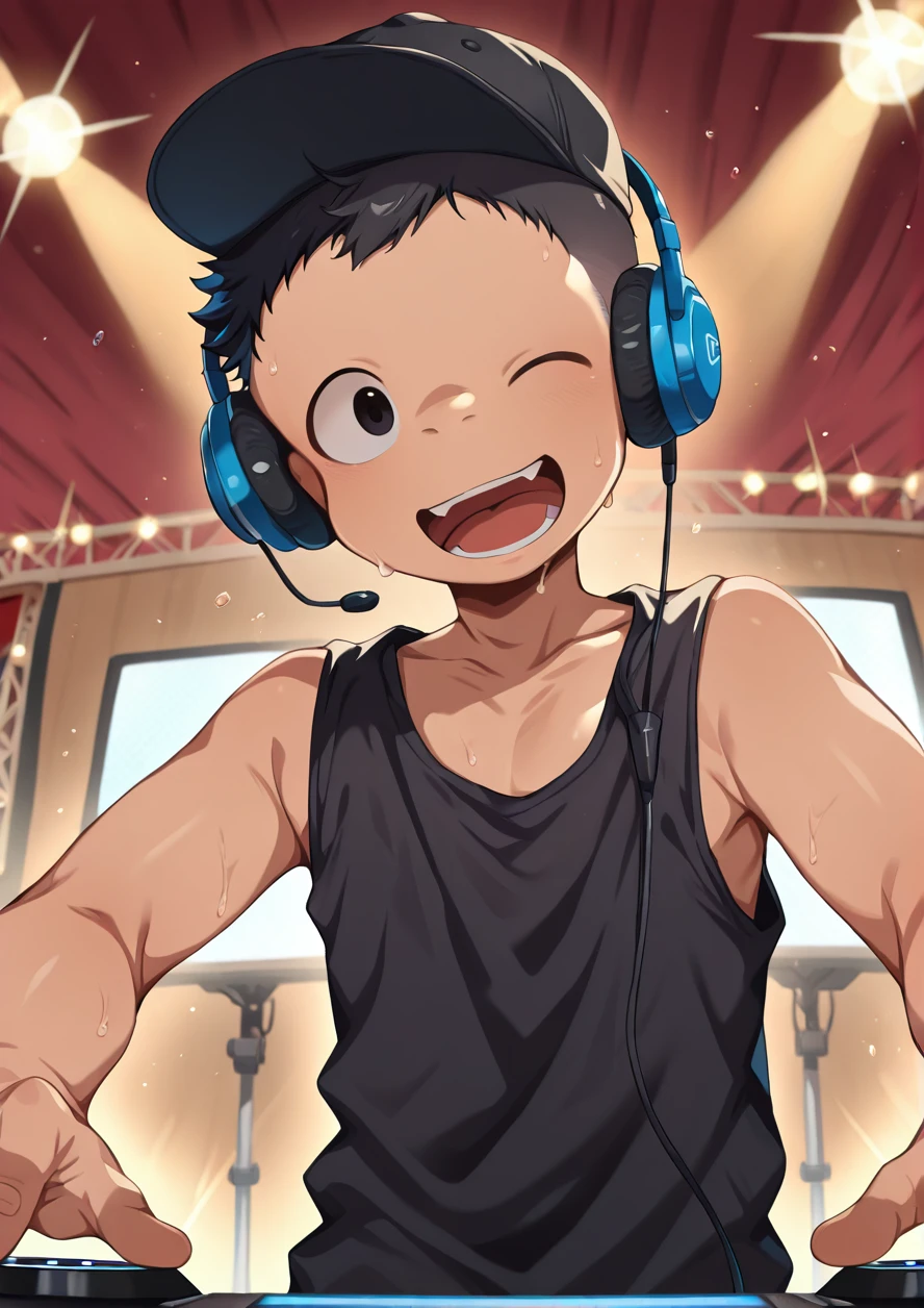 masterpiece,best quality,good quality,1boy,solo,black hair,very short hair,dance hall,music room,lighting,dj,headphone,headwear,black baseball cap,singing,sweat,black tanktop,wink,happy,open mouth,<lora:ããããwaryusya_IL7_64:1> <hypernet:ããããwaryusya-20000:1>