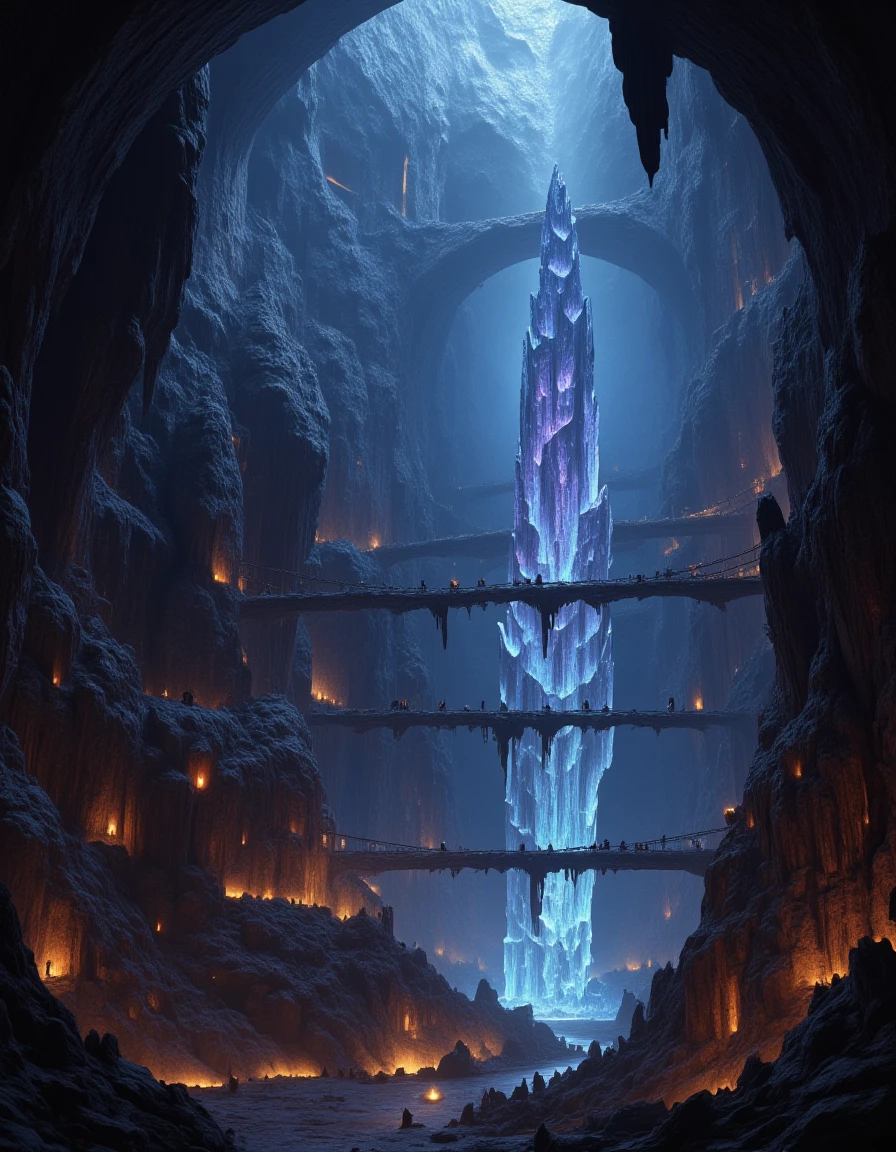 <lora:MW_Dwarven_betaflux:1> immense subterranean canyon, jagged cliffs descending into a glowing abyss, colossal crystals sprouting from the stone walls, casting ethereal blue and purple light across the cavern, dwarven miners walking on suspended bridges of chain and stone, glowing lanterns swaying in the dark, veins of gold and silver glimmering faintly, distant forges illuminating the chasm with fiery orange, epic cinematic composition, breathtaking natural wonder infused with dwarven architecture, fantasy underground marvel, sense of ancient mystery and awe