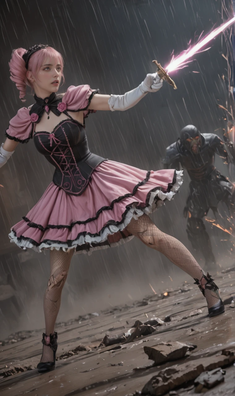 a girl and monsters are fighting in movie battle scene. girl is in gothic dress and holding rapier sword, fencing. <lora:scamy_iniverse_32_2e4:0.7> scamy, bangs, pink dress, pink hair, elbow gloves,drill hair,rose broach,white gloves, in burning prison, heavy rain and storm in mid night, crimson spark,lightning bolt attack on body, motion blur, damage effect.