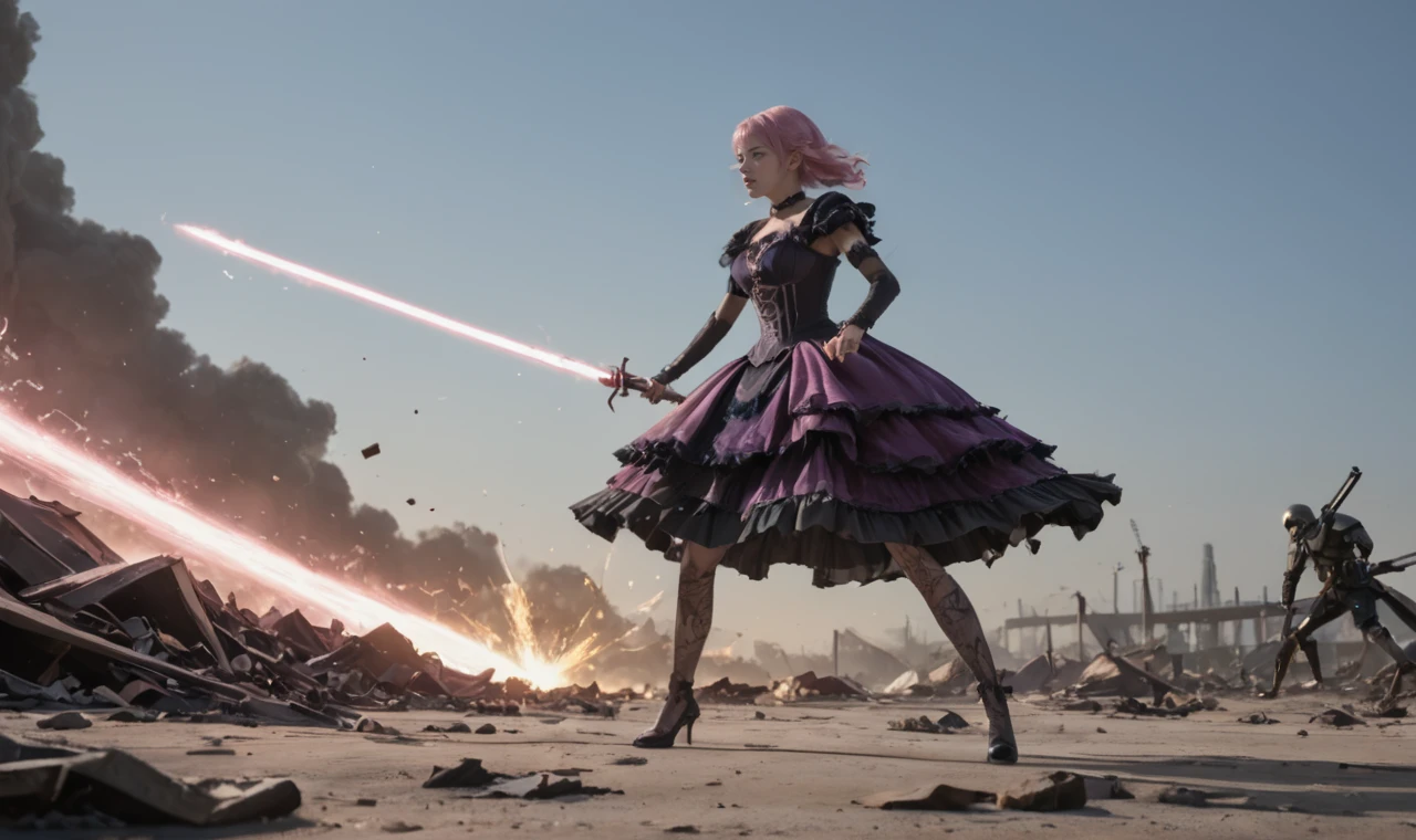 a girl and monsters are fighting in movie battle scene. girl is in gothic dress and holding rapier sword, fencing. <lora:scamy_iniverse_32_2e4:0.7> scamy, bangs, violet dress, pink hair, high heels, in destroyed Tokyo, clear sky in morning, blue leaser beam,electric shock,energy beam attack on body, motion blur, damage effect.