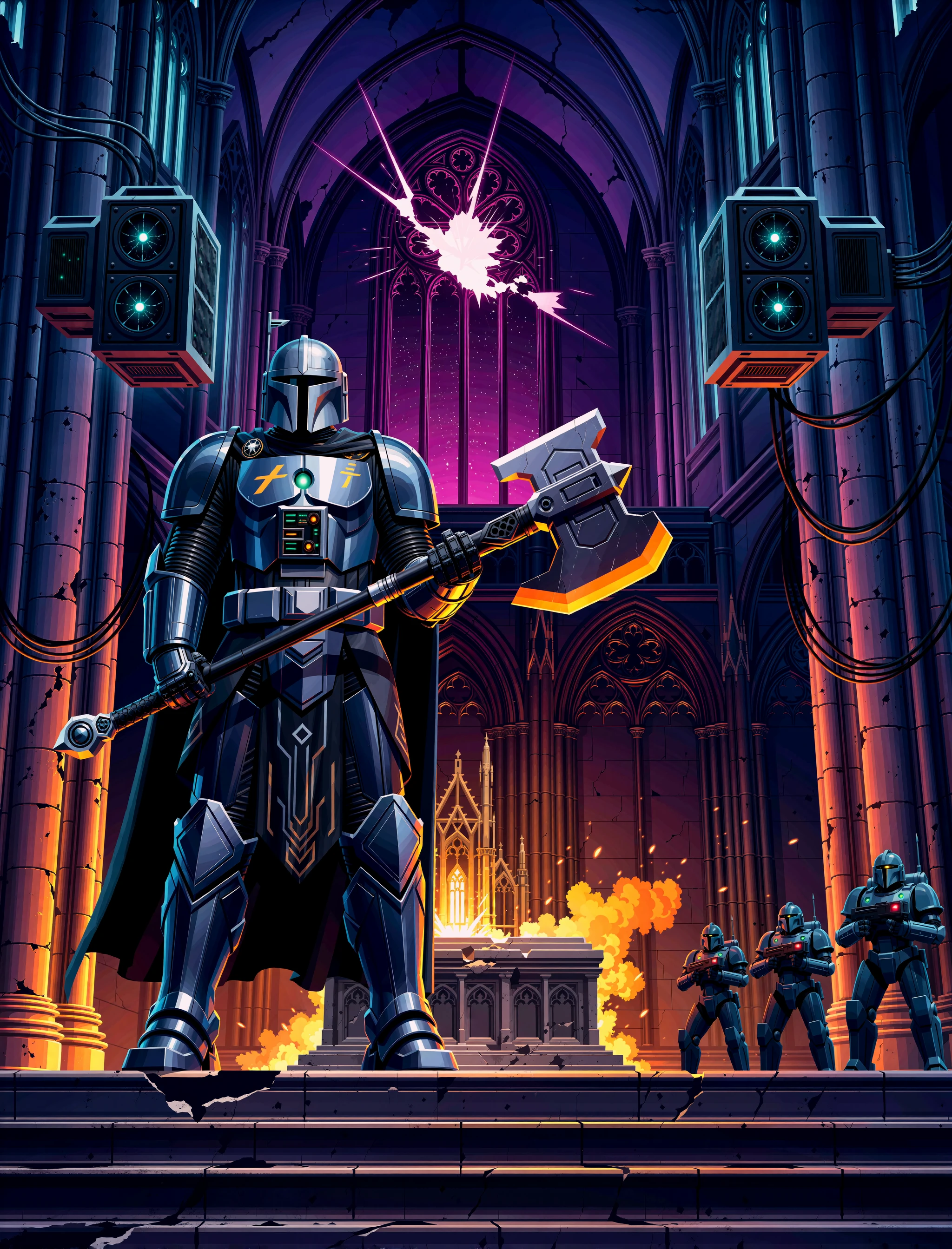 v3ct0r 2d flat vector illustration of a colossal, knight-like sentinel in dark, ornate power armor, who dominates the left of the frame. He holds a gigantic, double-bladed energy axe that crackles with contained orange power. The scene is the nave of a derelict space cathedral, where immense, gothic arches are fused with decaying holographic projectors and thick, industrial cables. Dust and orange smoke from a recent explosion drift through the air, catching the beams of purple light that filter down from a shattered rose window high above. Farther down the grand aisle, the smaller, shadowy figures of several rogue synthetics take defensive positions behind a crumbling stone altar, their red optic sensors like angry embers in the gloom.