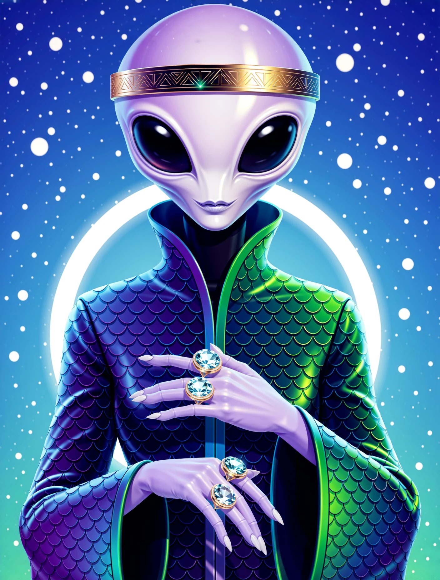 v3ct0r vector illustration A tall, slender alien ambassador with smooth, lavender-hued skin and large, liquid-black eyes that convey a serene intelligence. It wears a flowing, high-collared robe of iridescent, scale-like fabric that shifts in color from deep indigo to emerald green. A polished metal band, inscribed with intricate geometric patterns, encircles its high forehead, and its long, graceful fingers are adorned with rings holding floating, softly glowing gemstones.