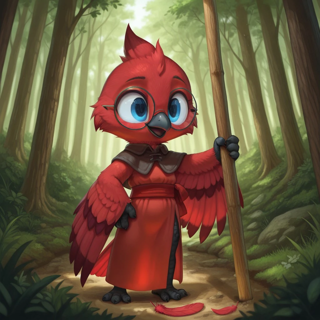 masterpiece, best quality, amazing quality, slvrfxstyleil, bird, red feathers, winged arms, blue eyes, round glasses, red dress, side slit, red sash, standing, in forest, solo, 1girl, <lora:4b1bb181-0596-4248-aa15-371b1389ed8f:1.0>