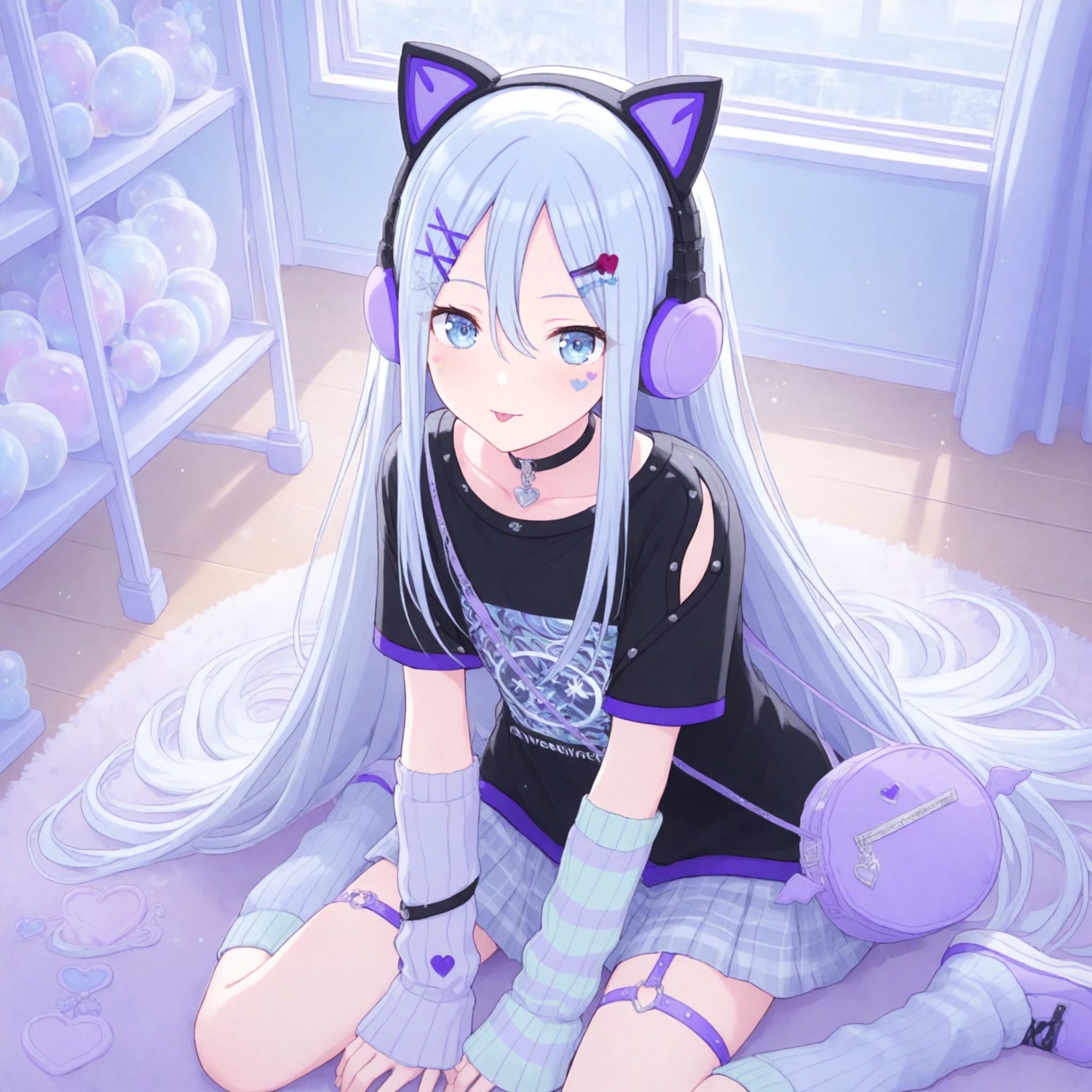 1girl, yoisaki kanade, project sekai, solo, four fingers and thumb, from above,
catkanade, very long hair, silver hair, blule eyes, detailed eyes, :p,
looking at viewer, sitting on rug, wariza, hands between legs, leaning forward, looking up,
cat ear headphones, plaid skirt, black shirt, black choker, plaid, x hair ornament, o-ring thigh strap, pleated skirt, single garter strap, short sleeves, arm warmers, thigh strap, heart facial mark, clothing cutout, grey skirt, pendant choker, print t-shirt, shoulder bag,
day, indoors, kawaii room, pastel color theme,
nijistyle, jwst, masterpiece, amazing quality, very aesthetic, highres, ultra detailed,
<lora:hand 5.5:1>, <lora:ObIL-style-nijistyle02:0.6>, <lora:ObIL-style-JWST02:0.2>,
<lora:ObIL-25-CatGirl01:0.7>