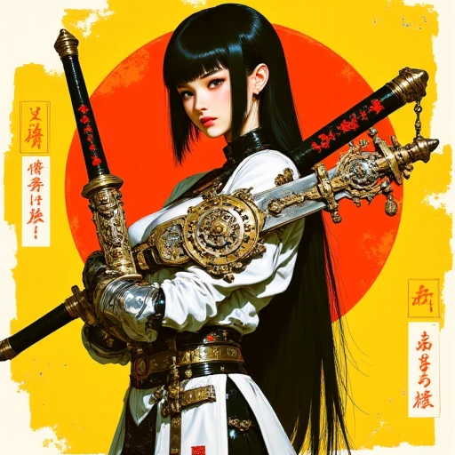 Stylized anime Illustration of bilibin showing a young woman with a fair complexion and surreally long flowing black hair, standing confidently before a yellow and red collage backdrop. She wears warrior attire with armor accents and holds an elaborate steampunk sword diagonally across her body from left shoulder to right hip, adorned with intricate black, red, and silver mechanical designs of gears and cogs. The handle bears a red and black pattern. Her sharp, focused expression is framed by soft lighting that casts subtle shadows, emphasizing the contours of her form, the textures of her outfit, and the detailing of the weapon.