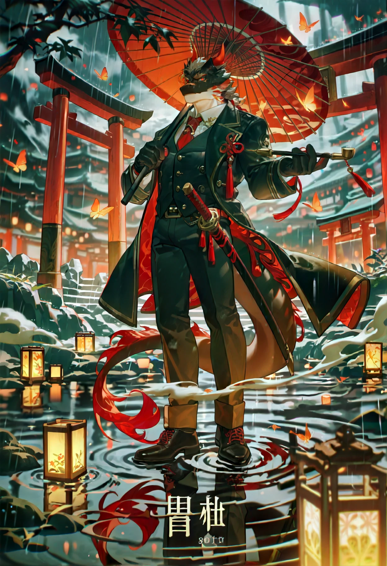 (konya_karasue:1.1),(ciloranko:0.3),suzumi \(ccroquette\),(ask \(askzy\):0.6),
BREAK
torii,furry,furry male,solo,lantern,holding smoking pipe,(bara:1.2),muscular,weapon,1boy,eyepatch,male focus,dragon boy,katana,rain,ripples,butterfly,pants,paper lantern,belt,bug,sheath,shirt,sheathed,smoke,coat,black pants,reflection,suit,black footwear,fire,dragon tail,shoes,black coat,looking at viewer,different reflection,black suit,chinese text,long sleeves,necktie,white shirt,vest,gloves,collared shirt,formal,reflective water,oil-paper umbrella fall to ground,black vest,fall to the ground,
BREAK
perfect anatomy,good hands,
dramatic lighting,
BREAK detailed background,blurry,delicate texture,chromatic aberration,
BREAK
ultra-detailed,very awa,amazing quality,very aesthetic,absolutely eye-catching,intricate details,masterpiece,highres,best quality,absurdres,Crisp details,Ultra-sharp focus,4K UHD,score_9,score_8_up,score_7_up,