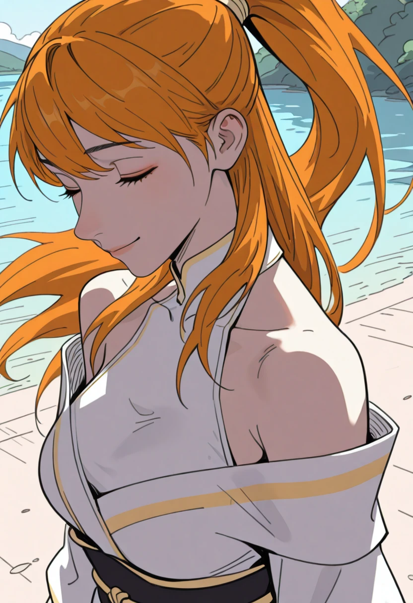 HDR, masterpiece, best quality, very aesthetic, (realistic:1.1), (flat color:1.3),
xiaoninger, 1girl, solo, long hair, breasts, looking at viewer, shirt, orange hair, bare shoulders, ponytail, 
outdoors, detailed background, wind, side view,
white dress, white kimono, bare shoulders, off shoulder, halterneck, banded high neck halter, collarbone, sash, long sleeves, covered collarbone, large breasts, 
closed eyes, smile, dynamic angle