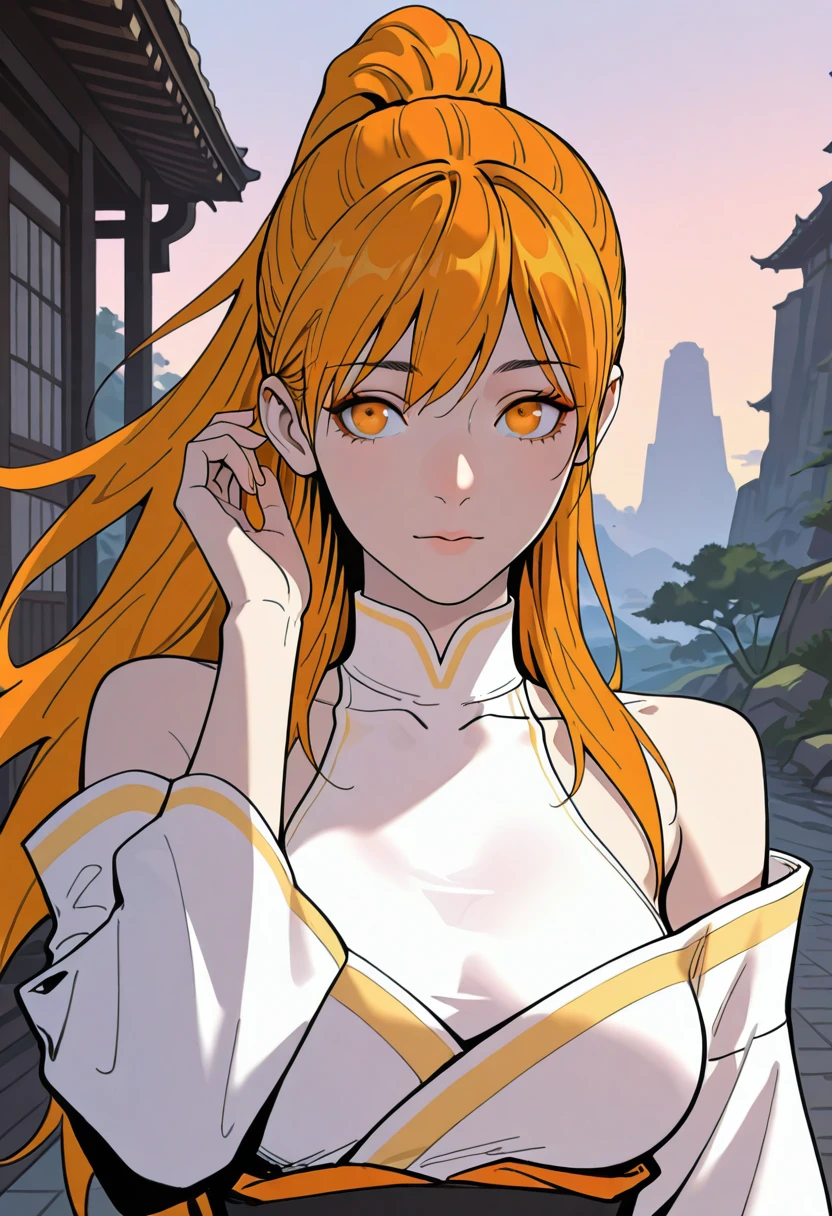 HDR, masterpiece, best quality, very aesthetic, (realistic:1.1), (flat color:1.3),
xiaoninger, 1girl, solo, long hair, breasts, looking at viewer, shirt, orange hair, bare shoulders, upper body, orange eyes, ponytail, 
outdoors, detailed background, wind,
white dress, white kimono, bare shoulders, off shoulder, halterneck, banded high neck halter, collarbone, sash, long sleeves, covered collarbone, large breasts, heavenly kingdom, fantasy background, adjusting hair behind ear
