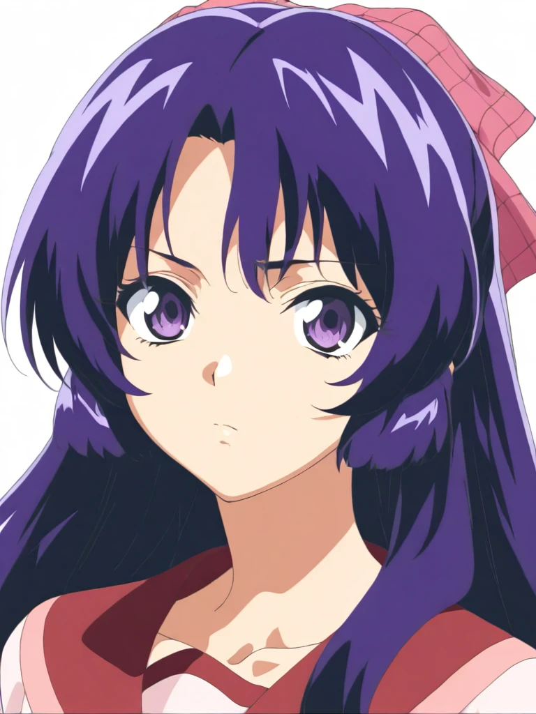 masterpiece,high score,great score,absurdres,anime coloring,looking at viewer,solo,portrait,white background,<lora:AsukaAkiyama ag4o:1> asukaakiyama, purple hair, long hair, hair bow, purple eyes,serafuku,