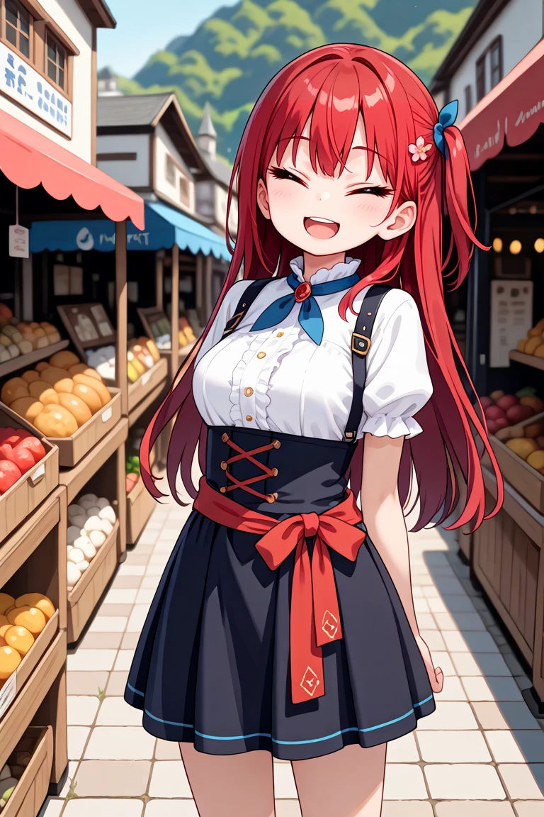 masterpiece, best quality, amazing quality, very aesthetic, absurdres,
cute round face, slender, detailed eyes, detailed hair, kawaii,
1girl, solo,
merchant, wearing fantasy merchant costume,
smile, open mouth, (closed eyes:1.3), (tsurime:1.2),
standing, cowboy shot,
fantasy world, western, market, outdoor, photo background, blurry background,
,
red hair, long hair
<lora:hotarueye_xl_closed3_v20:0.85>