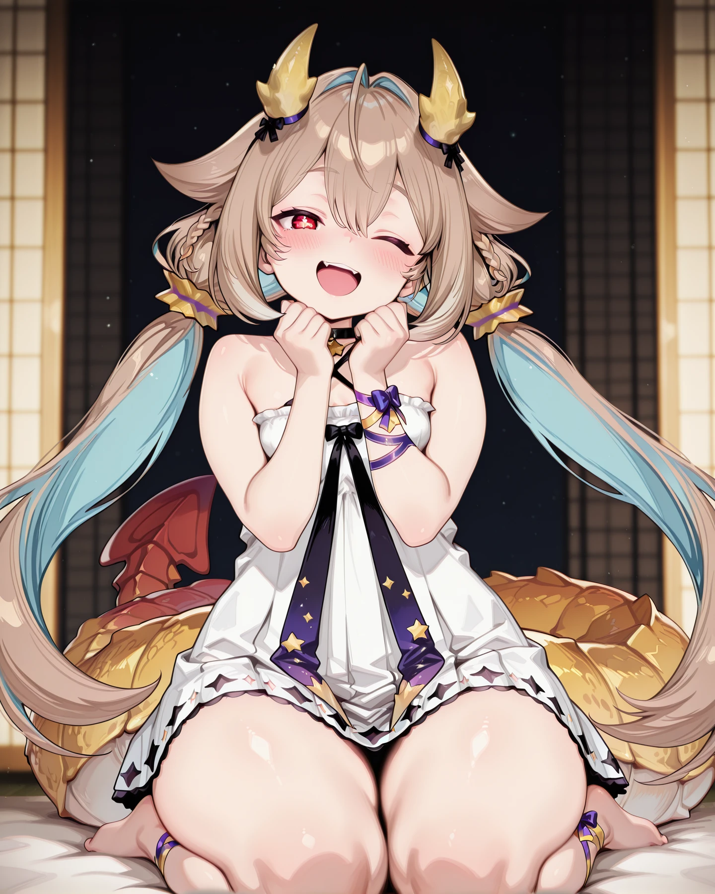 <lora:LECO-mature_female_XL(ill)v11:1> , <lora:Curvier:1> thick thighs, wide hips, curvy,
<lora:UtataneNasaPC:1> UtaSa, hazel hair, multicolored hair, blue colored inner hair, hair between eyes, sidelocks, red eyes, very long low twintails, short dragon yellow horns, small breasts, halterneck, galaxy straps, white dress, clothing cutout trim, purple arm ribbons, leg ribbons, purple anklet ribbons, barefoot, dragon tail,
<lora:amane-himeno-photoshoot-illustriousxl-lora-nochekaiser:1> amane himeno photoshoot, solo, looking at viewer, blush, smile, open mouth, one eye closed, hands up,, IllusP0s, masterpiece, best quality, amazing quality, very aesthetic, absurdres, newest, Smooth_Quality