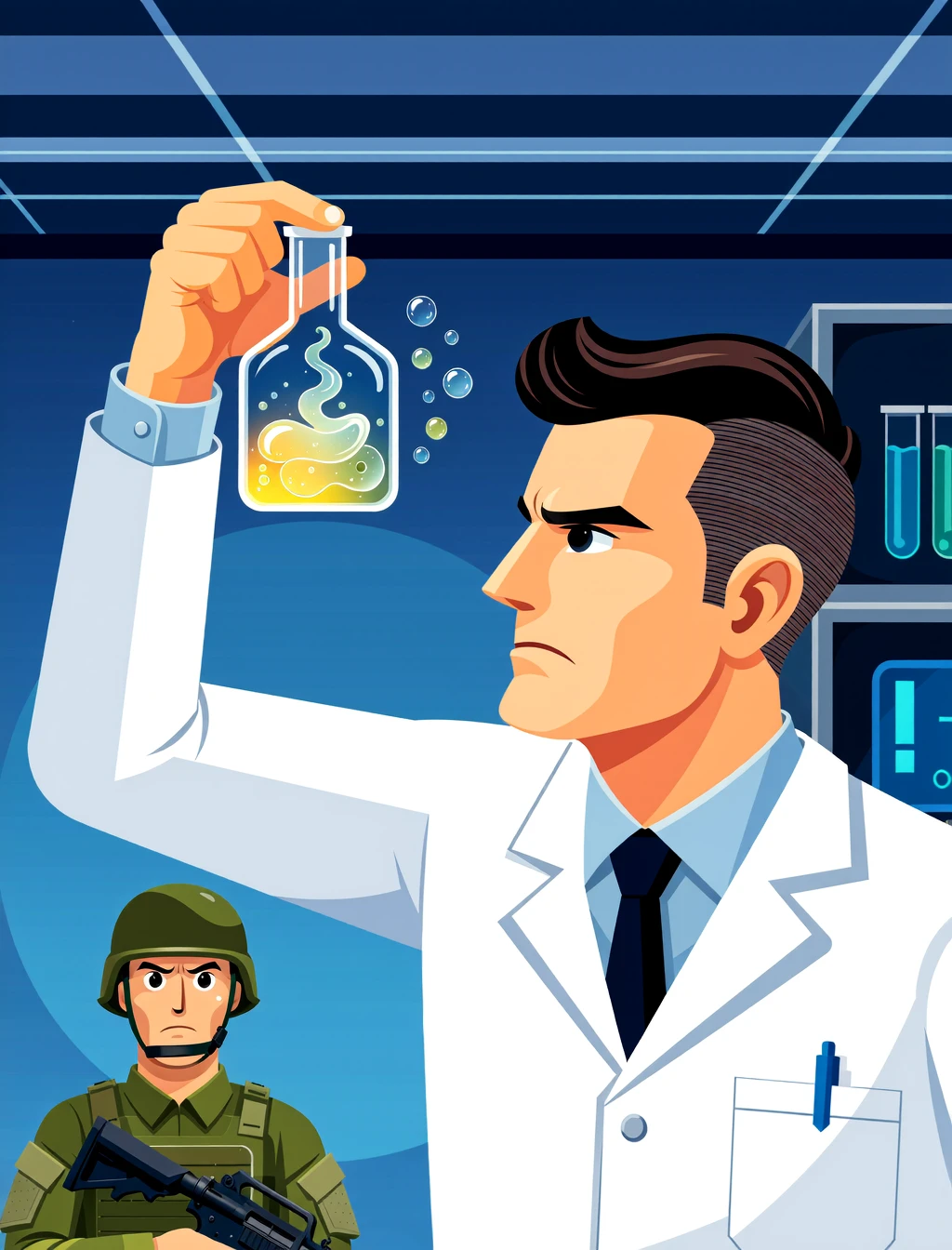 v3ct0r 2d flat vector illustration. A military scientist with a severe haircut and a stark white lab coat holds a shimmering, gelatinous substance up to the light in a glass vial. His brow is furrowed in deep thought as the goo slowly changes color and shape, defying all known laws of physics. In the background, a soldier in a helmet stands guard, his rifle held at the ready, his face a mixture of boredom and fear.