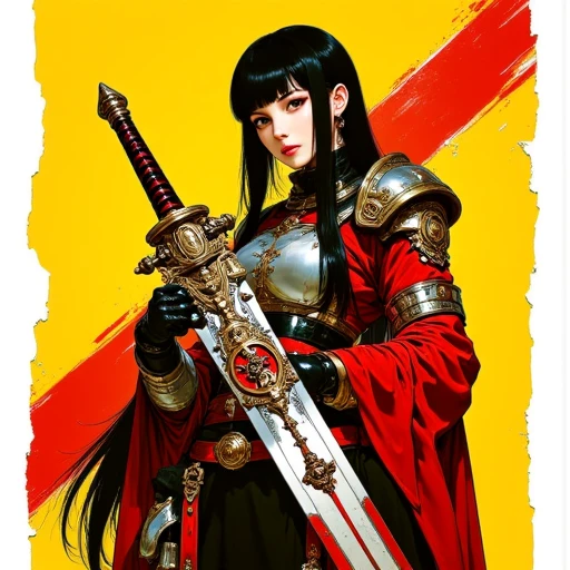 Stylized anime Illustration of bilibin showing a young woman with a fair complexion and surreally long flowing black hair, standing confidently before a yellow and red collage backdrop. She wears warrior attire with armor accents and holds an elaborate steampunk sword diagonally across her body from left shoulder to right hip, adorned with intricate black, red, and silver mechanical designs of gears and cogs. The handle bears a red and black pattern. Her sharp, focused expression is framed by soft lighting that casts subtle shadows, emphasizing the contours of her form, the textures of her outfit, and the detailing of the weapon.