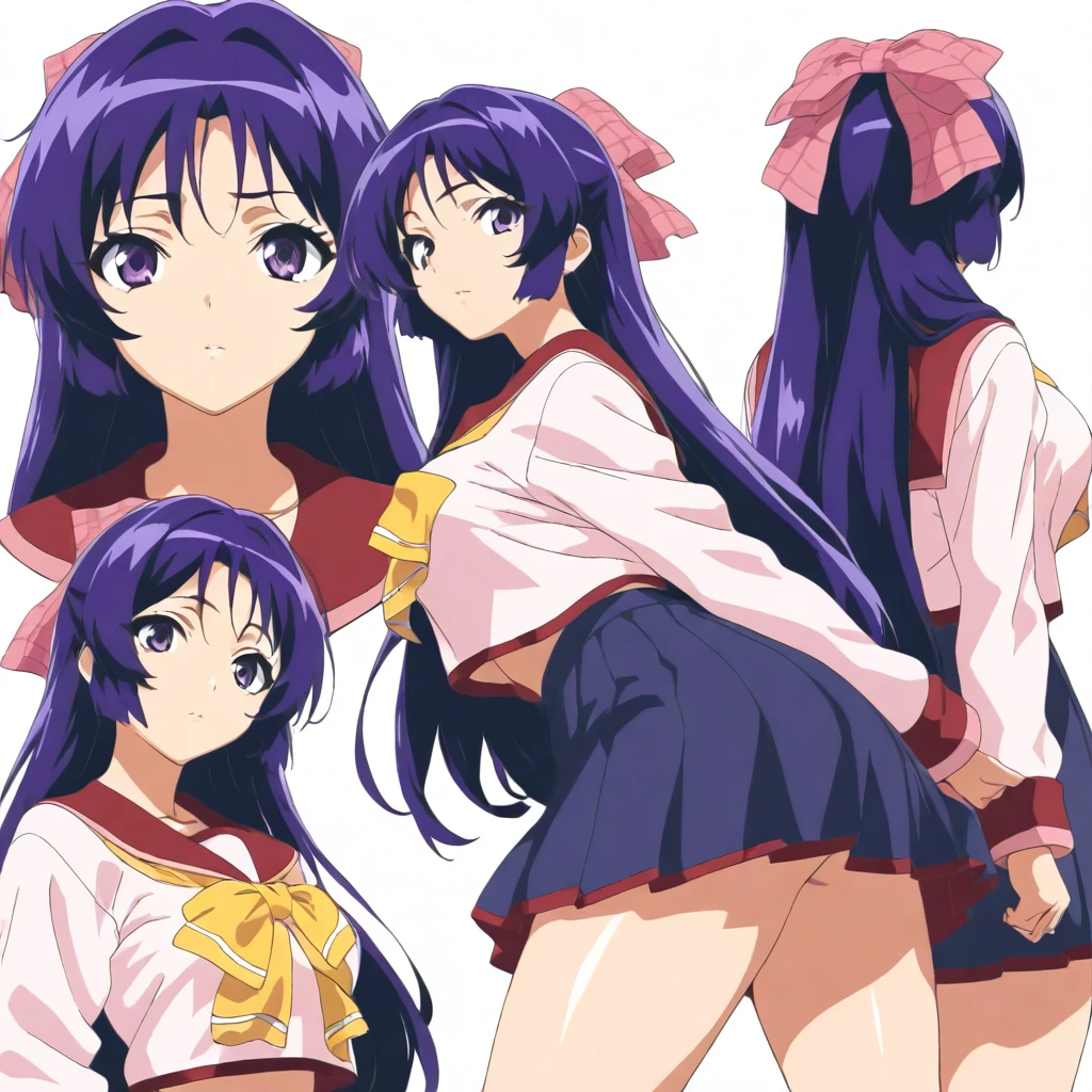 masterpiece,high score,great score,absurdres,anime coloring,looking at viewer,solo,<lora:character_Sheet_XL:0.5> character sheet, multiple views, white background,<lora:AsukaAkiyama ag4o:1> asukaakiyama, purple hair, long hair, hair bow, purple eyes,serafuku,skirt,