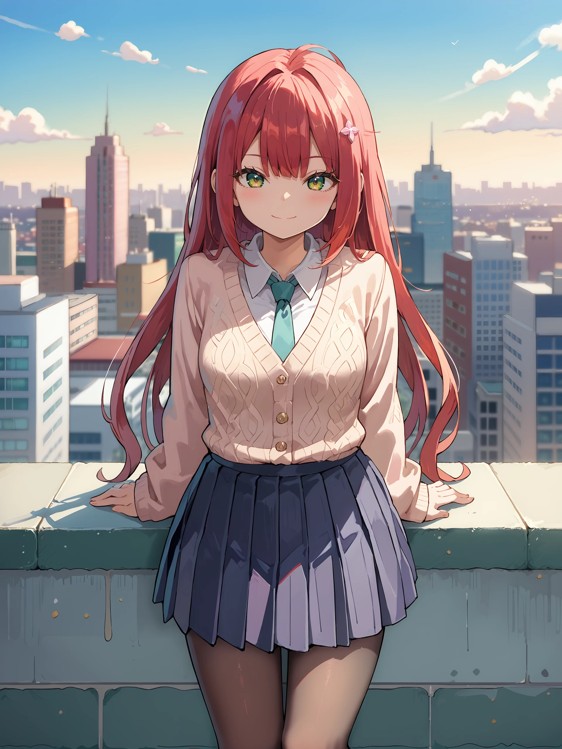 score_9, score_8_up, score_7_up, source_anime, ray tracing, best quality, <lora:Char-ZZZ-Yuzuha-V1-Pony:0.9:hr=0.6>, <lora:style-nora_higuma:0.5> <lora:style-zankuro:0.3> 1girl, solo, ukinami yuzuha, solo, hair down, long hair, school uniform, white collared shirt, necktie, sweater, black pleated skirt, pantyhose, light smile, looking at viewer, outdoors, rooftop, city, skyline, blue sky, cumulonimbus cloud, depth of field, depth of field