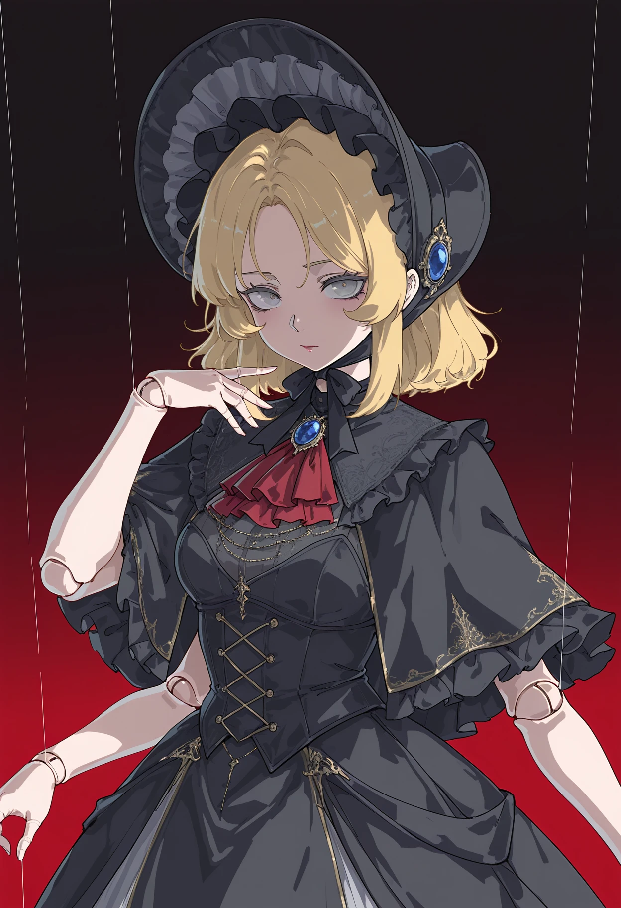 sabportrait, 1girl, ascot, black background, black bonnet, black capelet, black dress, blonde hair, blue gemstone, bonnet, capelet, doll joints, dress, extra arms, gem, grey eyes, joints, looking at viewer, medium hair, puppet strings, red ascot, red background, solo, string, two-tone background, gradient background, 
 <lora:sab:1.2>, masterpiece, best quality, highres, absurdres, <lora:nyaliaXLNBVP1lokrV6311P:0.2>  <lora:748cmXLNBVP1lokrV6311P:0.2>