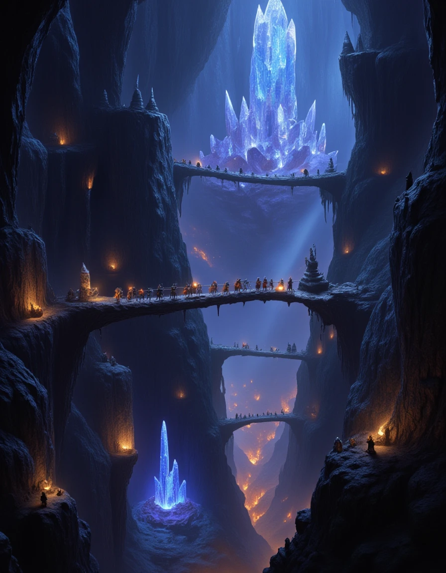 <lora:MW_Dwarven_betaflux:1> immense subterranean canyon, jagged cliffs descending into a glowing abyss, colossal crystals sprouting from the stone walls, casting ethereal blue and purple light across the cavern, dwarven miners walking on suspended bridges of chain and stone, glowing lanterns swaying in the dark, veins of gold and silver glimmering faintly, distant forges illuminating the chasm with fiery orange, epic cinematic composition, breathtaking natural wonder infused with dwarven architecture, fantasy underground marvel, sense of ancient mystery and awe