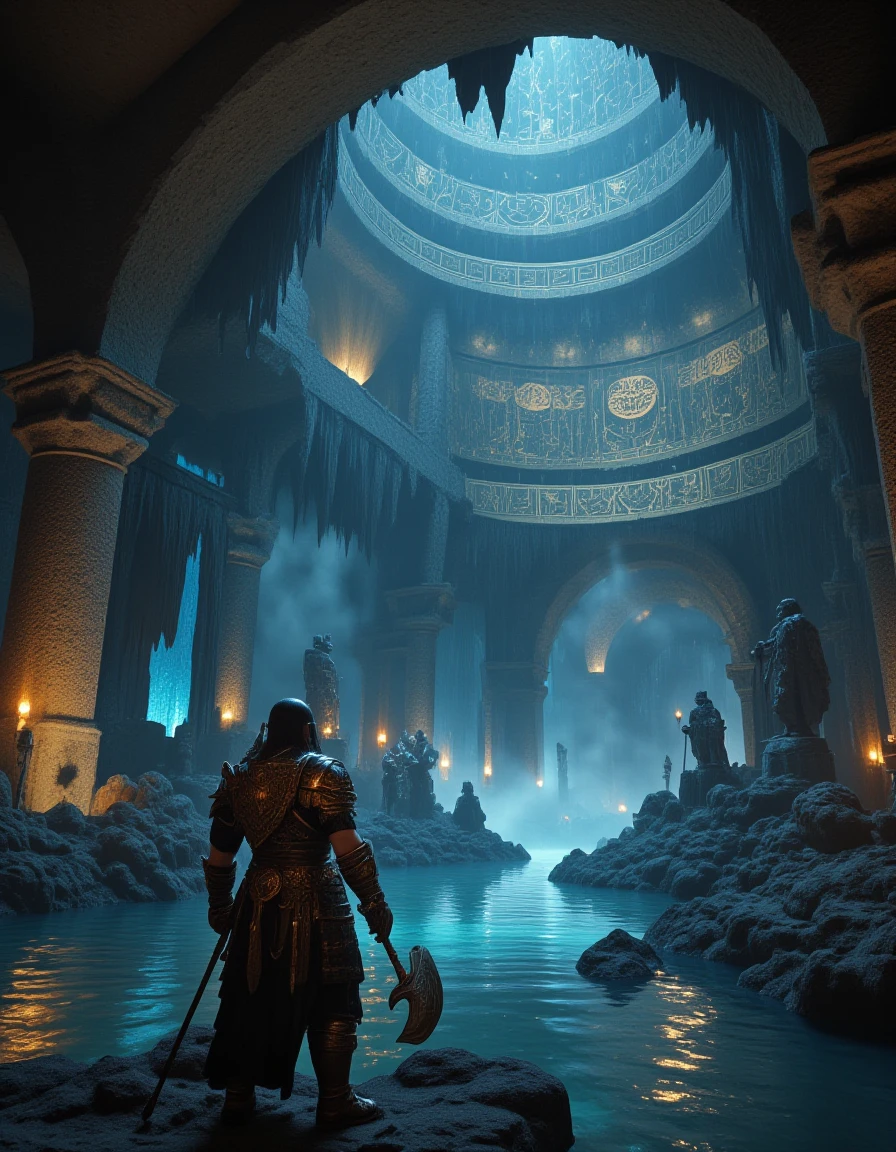 <lora:MW_Dwarven_betaflux:1> low angle view, dwarven warrior in ornate ancient armor, heavy axe resting at his side, standing in half-flooded stone ruins within a vast underground cavern lake, broken statues and ruined arches jutting from the water, reflections glowing faintly, towering cavern ceiling above like a second sky, covered with colossal painted runes and ancient dwarven murals glowing faint blue and gold, countless bats swirling in great flocks among the carvings, their shadows casting moving patterns across the ceiling, mist rising from the water, epic cinematic scale, atmosphere of awe and mystery, dramatic lighting, dark fantasy underground empire, highly detailed and immersive