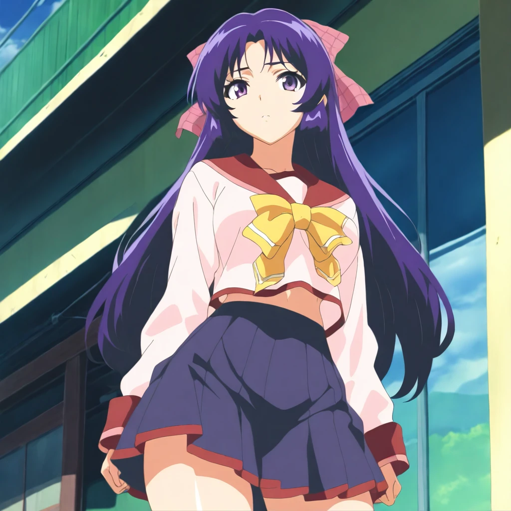 masterpiece,high score,great score,absurdres,anime coloring,looking at viewer,solo,cowboy_shot,<lora:AsukaAkiyama ag4o:1> asukaakiyama, purple hair, long hair, hair bow, purple eyes,serafuku,skirt,