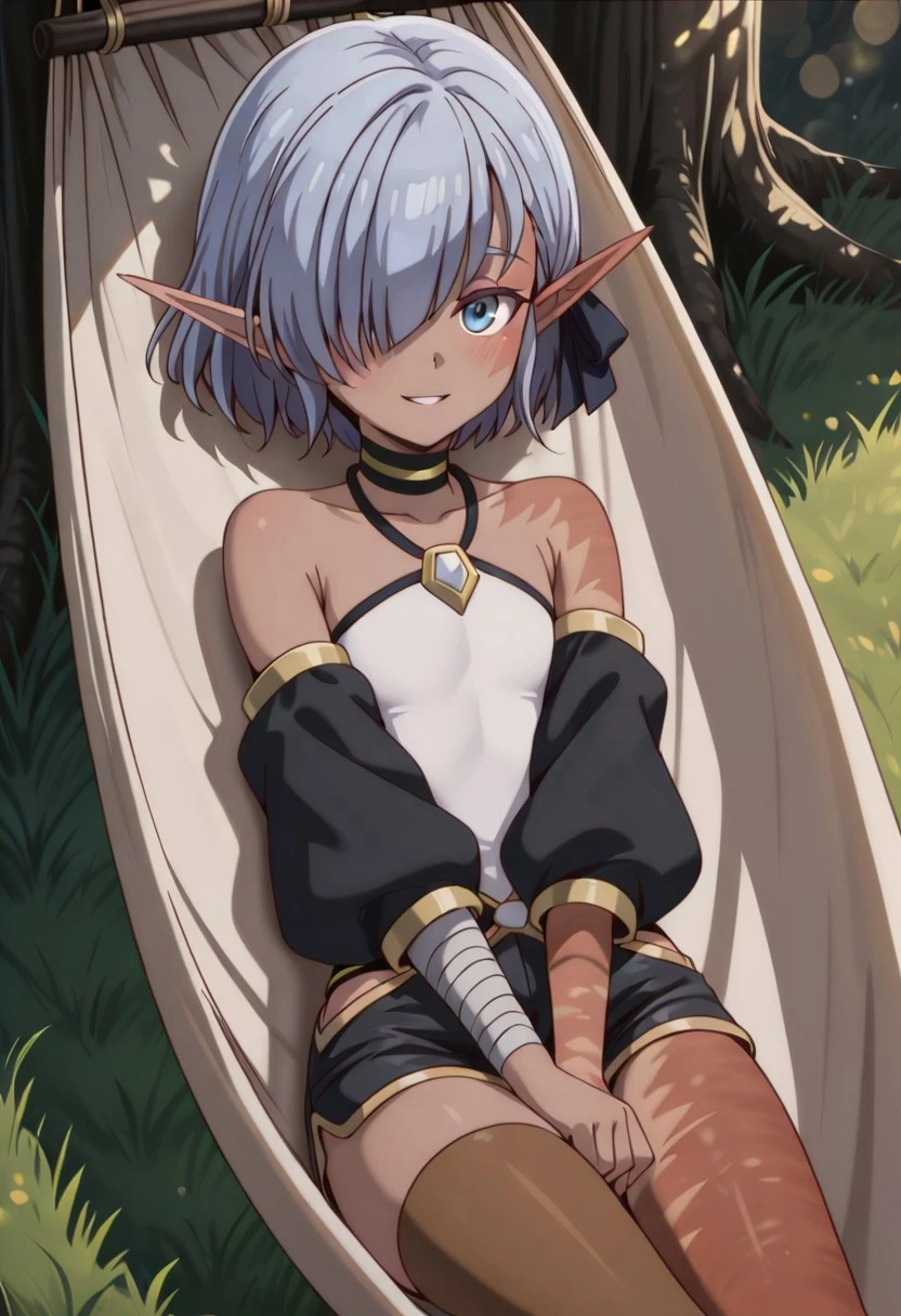 masterpiece, best quality, amazing quality, dynamic view,  solo, dynamic view,  solo, 1girl, masterpiece, best quality, bokeh, luminescent background, 
(cariaerful,,
 dark elf, dark-skinned female, short hair,  blue hair, hair over one eye, blue eyes, pointy ears, bandaged arm, black choker, burn on face, burn on side, burnt arm, burnt leg, flat chest,,
 white top,  halterneck, bare shoulders,  detached sleeves, black shorts, short shorts, single thighhigh, boots,,
) 
hammock, on hammock, outdoors, tree, dappled sunlight, lying, on back, (breasts squeezed together), (v arms), grass, looking at viewer, parted lips, smile
