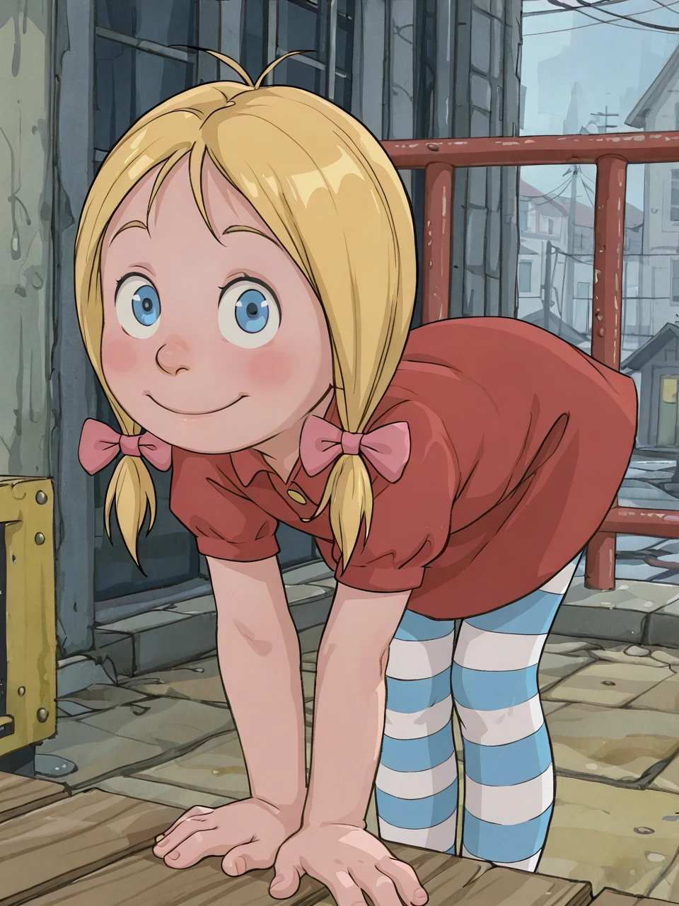 masterpiece, best quality, highres, absurdres, ultra detailed, amazing quality, 4nn1e, 1girl, solo, blue eyes, blonde hair, twintails, hair bow, red dress, striped pantyhose, smile, lloking at viewer  <lora:Annie_IllustriousXL11:0.8>