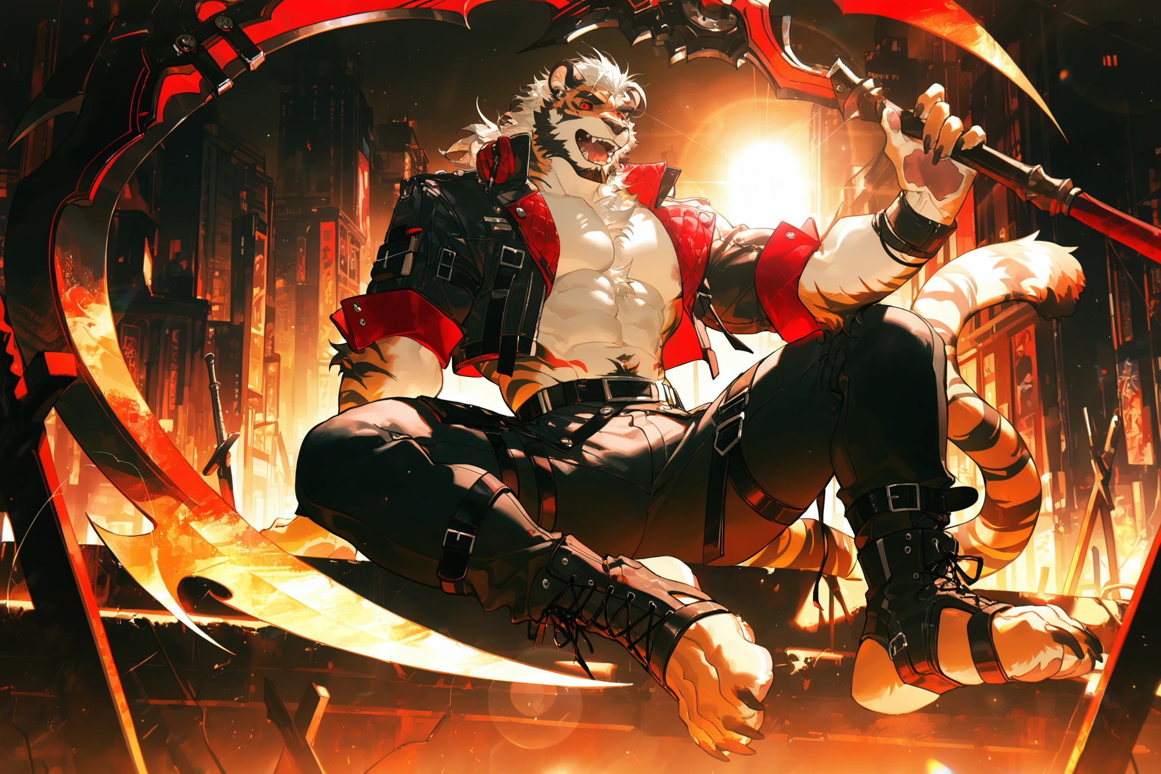 masterpiece,best quality,very awa,ultra-detailed,absurdres,huge filesize,
perfect anatomy,good hands,
rella,konya_karasue,cg,lens flare,
tiger boy,furry male,furry,male focus,1boy,scythe,tiger tail,muscular male,holding,bara,tiger stripes,tiger ears,large pectorals,muscular,abs,orange fur,mature male,weapon,white fur,holding scythe,solo,digitigrade,colored sclera,holding weapon,bare pectorals,pectoral cleavage,full body,pants,looking at viewer,white hair,thick eyebrows,jacket,facial hair,body fur,goatee,open clothes,leg belt,beard,sitting,torn clothes,tongue,teeth,fangs,red eyes,black pants,
<lora:Kombagavad_gita_V3.5_twilight:1>,