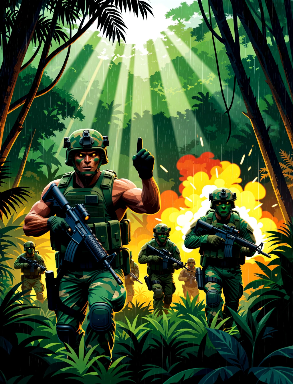 v3ct0r 2d flat vector illustration. Deep within a dense jungle, the air is thick with humidity and the sounds of unseen creatures. Sunlight filters through the canopy, casting dappled shadows on the ground. Suddenly, the tranquility is shattered by the roar of an explosion. A group of commandos, armed and wary, move through the underbrush. Their leader, muscles rippling and face smeared with camouflage paint, signals for quiet. The camera pans to reveal a hidden enemy, an alien creature, watching them with glowing eyes. The juxtaposition of the primal jungle and the alien technology creates an atmosphere of eerie suspense. This is a battle not just against an unknown adversary, but against the very elements of nature. Directed by John McTiernan.