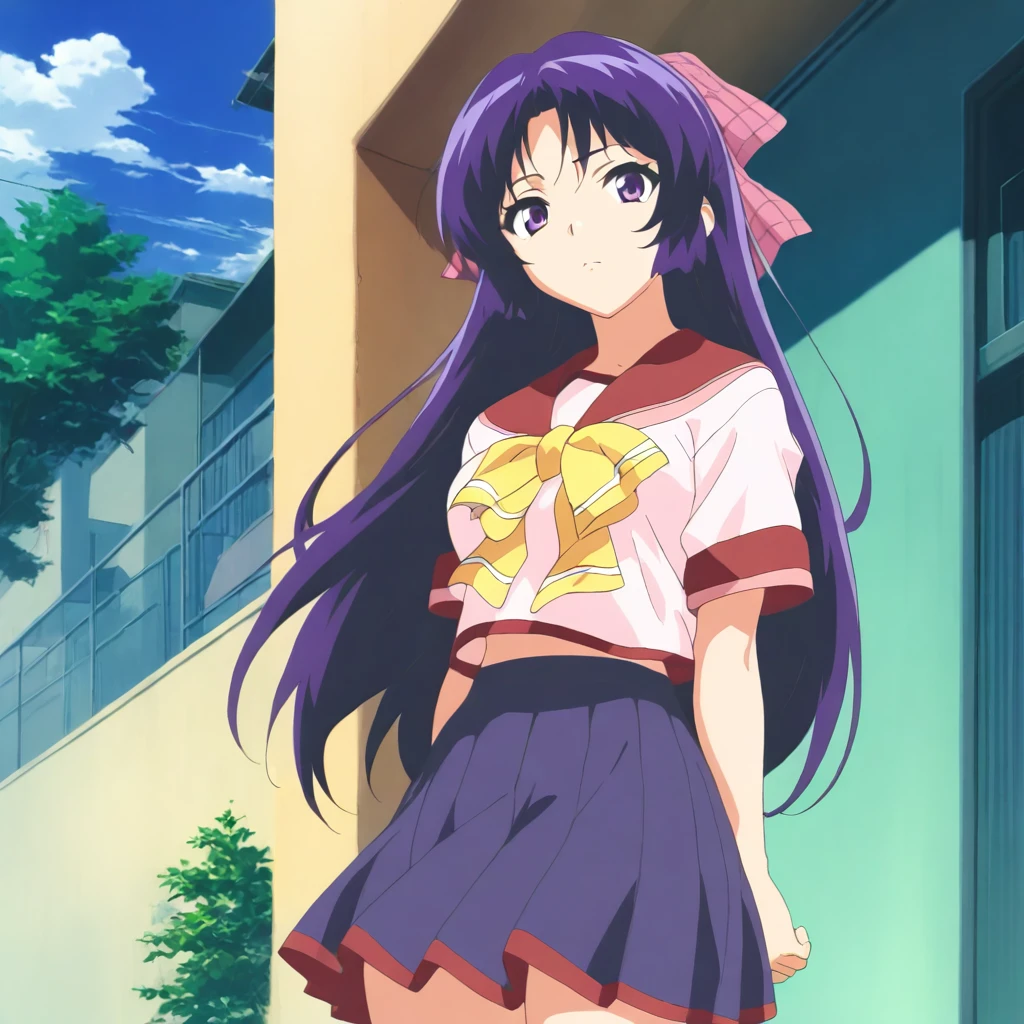 masterpiece,high score,great score,absurdres,anime coloring,looking at viewer,solo,cowboy_shot,<lora:AsukaAkiyama ag4o:1> asukaakiyama, purple hair, long hair, hair bow, purple eyes,serafuku,skirt,