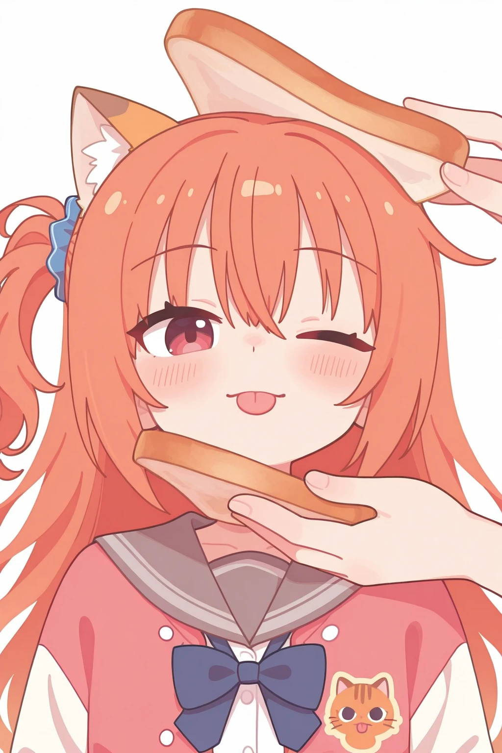 masterpiece,best quality,amazing quality,game cg,, inaba meguru, meguru_school,
orange hair, long hair,red eyes,
one side up,letterman jacket,blue bowtie, blue scrunchie,hair scrunchie, pink jacket, grey sailor collar,
idiotsandwichalt, 1girl,1other, solo focus, holding food, bread slice, pov hands, upper body,looking at viewer,, chibi, flat color, no lineart, m1nma_sty, minimalistic, one eye closed, upper body, :p, tongue, tongue out,white background,simple background,orange cat ears,blush,