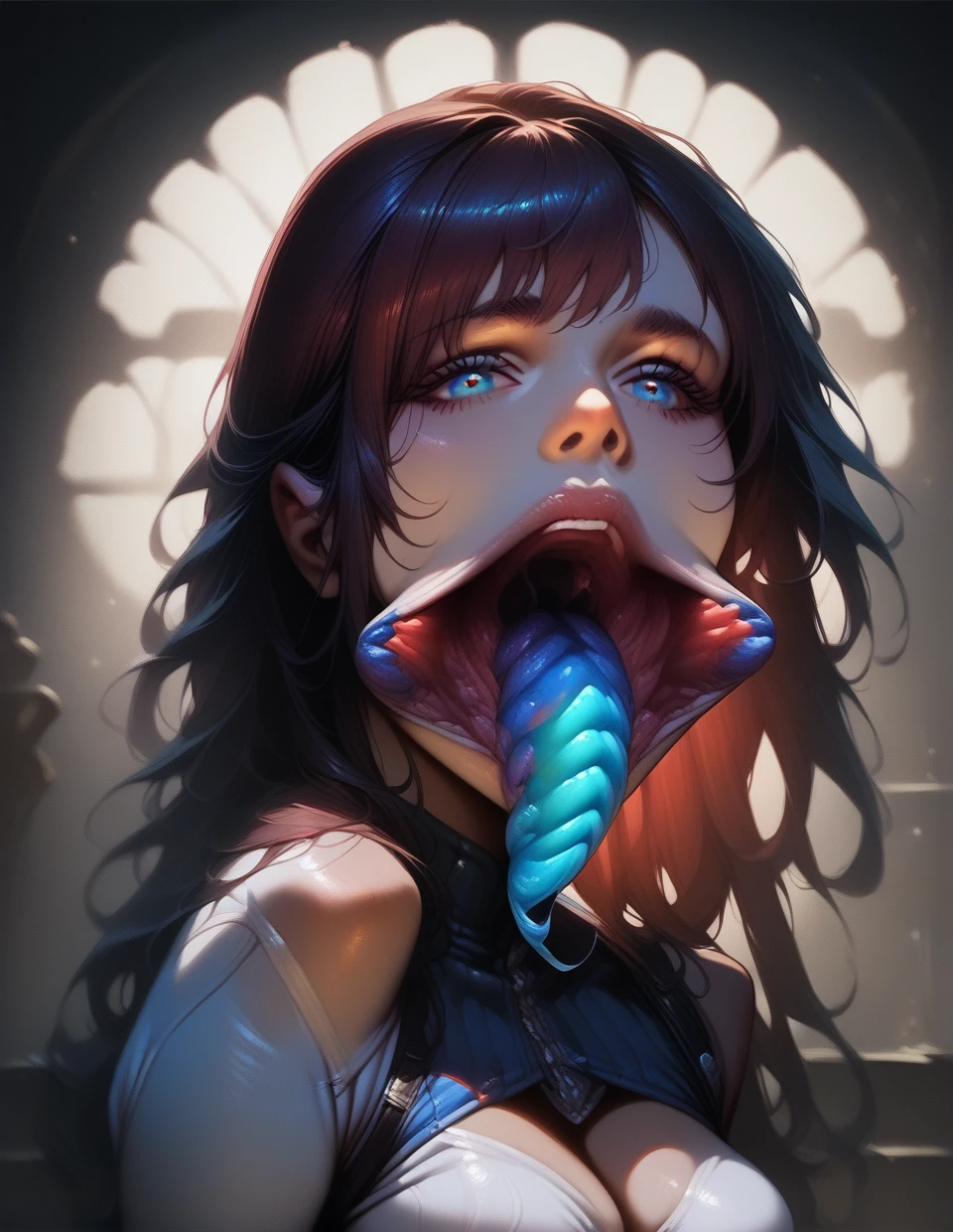 score_9, score_8_up, score_7_up, (1girl), (masterpiece, best quality, detailed), very aesthetic, medium breasts,(parasitic mouth),blue parasitic tongue,split jaw, Expressiveh,<lora:Expressive_H:0.3>, <lora:parasitic_mouth_V4:0.8>, <lora:add-detail-xl:2>, <lora:quality_modifiers_masterpieces_v1:0.3>, face focus, upper body, realistic, looking at viewer, <lora:RealSkin_xxXL_v1:2>,<lora:Pony Realism Slider:2>, <lora:43stl1ght1ngXLP2:0.3>, 43stl1ght1ng, low light, dramatic lighting, darkness, <lora:werm_pony_solo:0.3>, alien parasite werm crawling out of mouth, wide open mouth, blue fangs on jaw