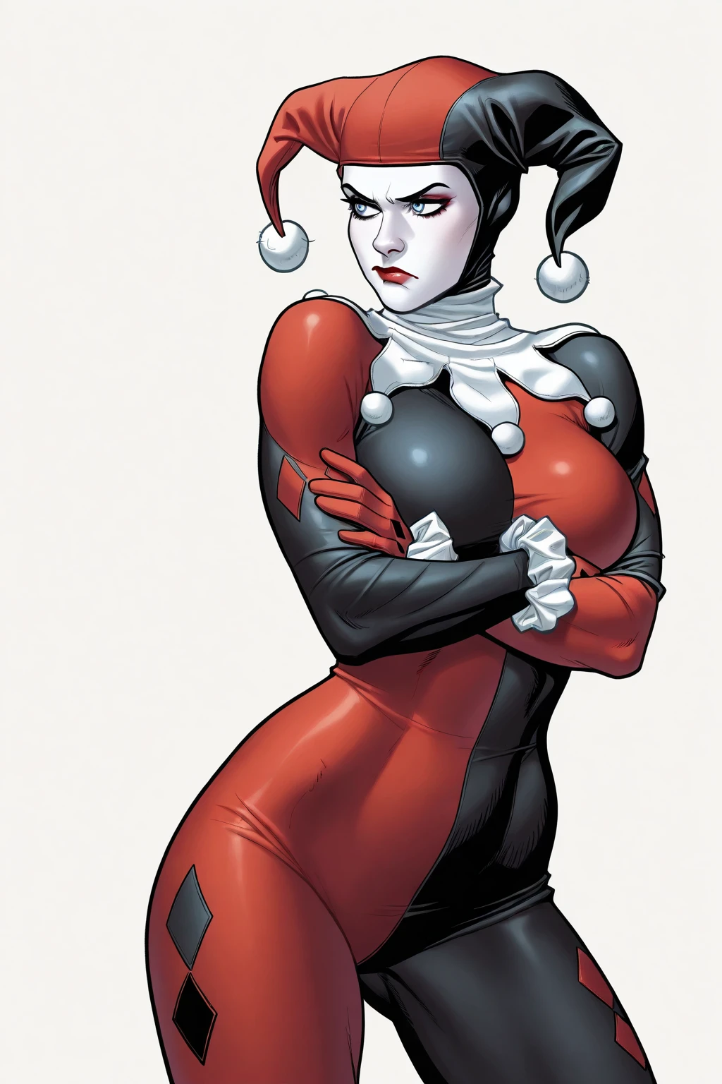 masterpiece, amazing quality, best quality, ultra-detailed, 1girl, Frank Cho Art style, Frank Cho Artstyle, 1girl, solo, looking at viewer, blue eyes, large breasts, white background, closed mouth, bodysuit, lipstick, pale skin, multicolored clothes, pom pom (clothes), black bodysuit, red lips, superhero, red bodysuit, multicolored bodysuit, harley quinn, harley quinn jester outfit, jester outfit, classic outfit, cowboy shot, domino mask, mask, jester cap, standing, crossed arms, annoyed, looking away, cowboy shot, legs apart, (from below:1.2)