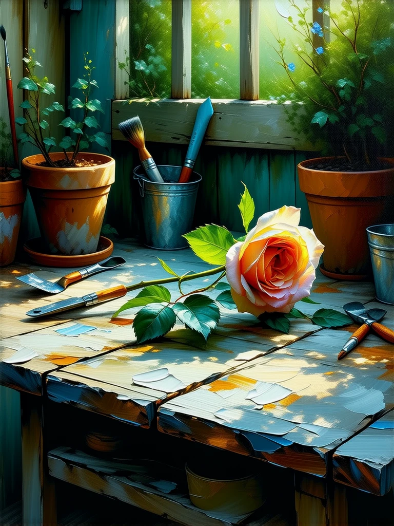 Painting on canvas. Textured. Brushstrokes.

A rose, painted artistically, a single bud lying on a heavily grained table in the garden beside garden tools and pots.

clscoilCE_style