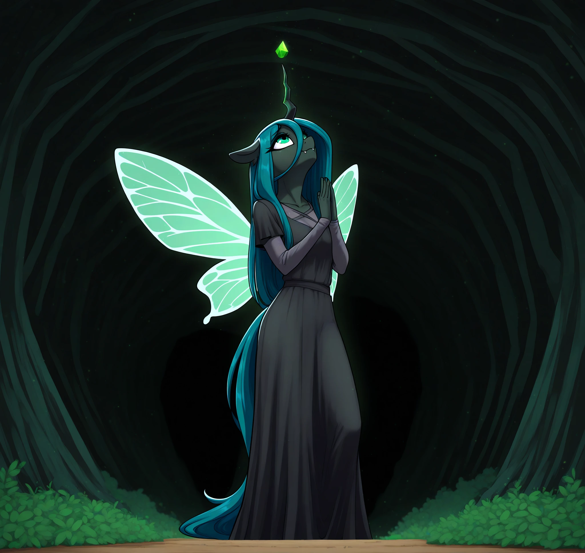 <lora:Phenya_Style_Illustrious:0.7> phenya, masterpiece, best quality, absurd res, hi res, my little pony, friendship is magic, anthro, unguligrade anthro, equid, equine, pony, solo, queen chrysalis \(mlp\), insect wings, fangs, anthro, horn, unguligrade anthro, furry female , BREAK detailed background, at sire's hollow, clothing, clothed, dress, hopeful, looking up, soft smile, gentle eyes, medium shot, hands forming triangle
