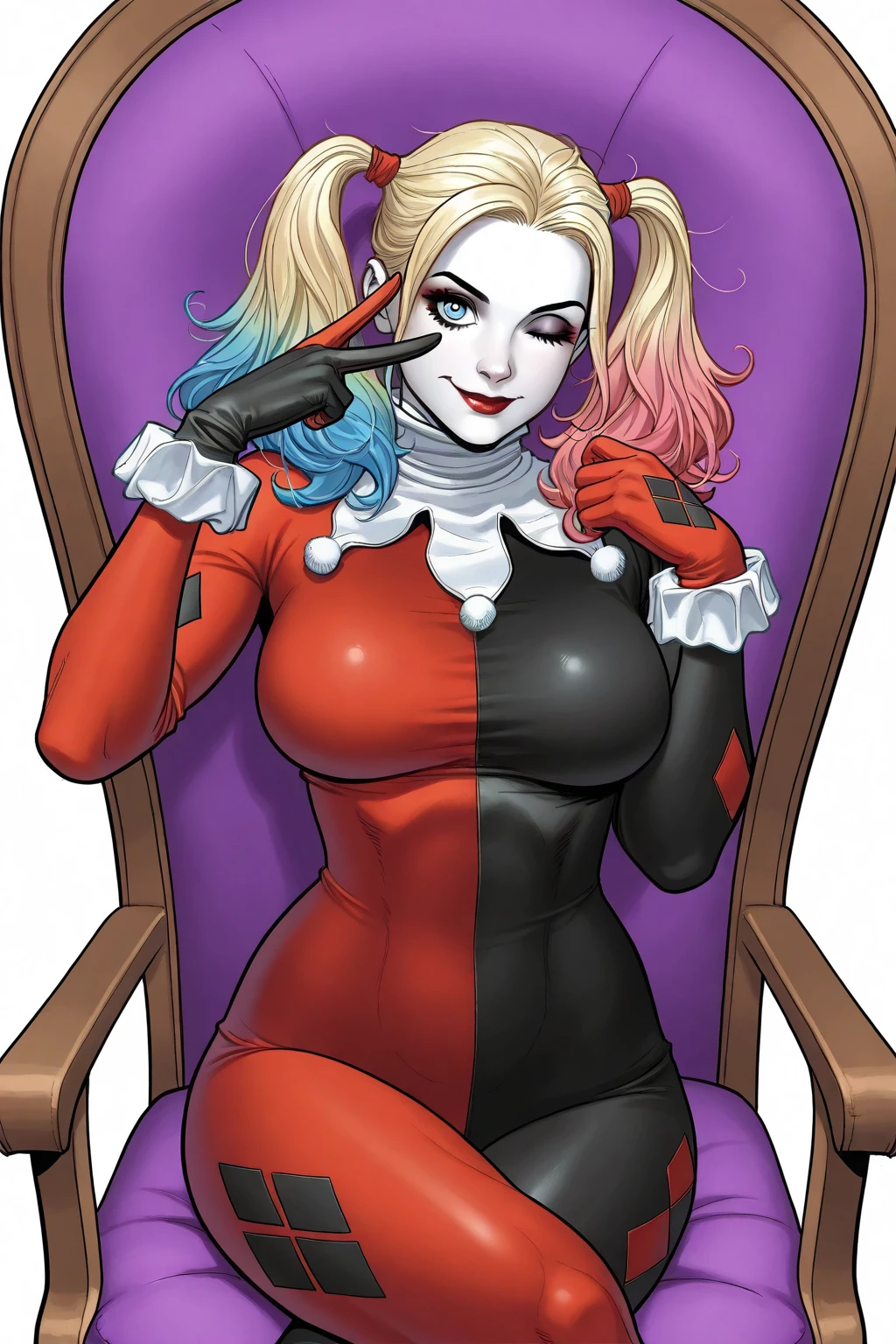 masterpiece, amazing quality, best quality, ultra-detailed, 1girl, Frank Cho Art style, Frank Cho Artstyle, 1girl, solo, long hair, looking at viewer, wink, smile, blue eyes, large breasts, blonde hair, white background, closed mouth, twintails, blue hair, pink hair, multicolored hair, two-tone hair, gradient hair, makeup, bodysuit, lipstick, pale skin, multicolored clothes, pom pom (clothes), black bodysuit, red lips, colored tips, superhero, red bodysuit, multicolored bodysuit, harley quinn, harley quinn jester outfit, jester outfit, classic outfit, cowboy shot, v over eye, sitting, chair, crossed legs, multicolored gloves