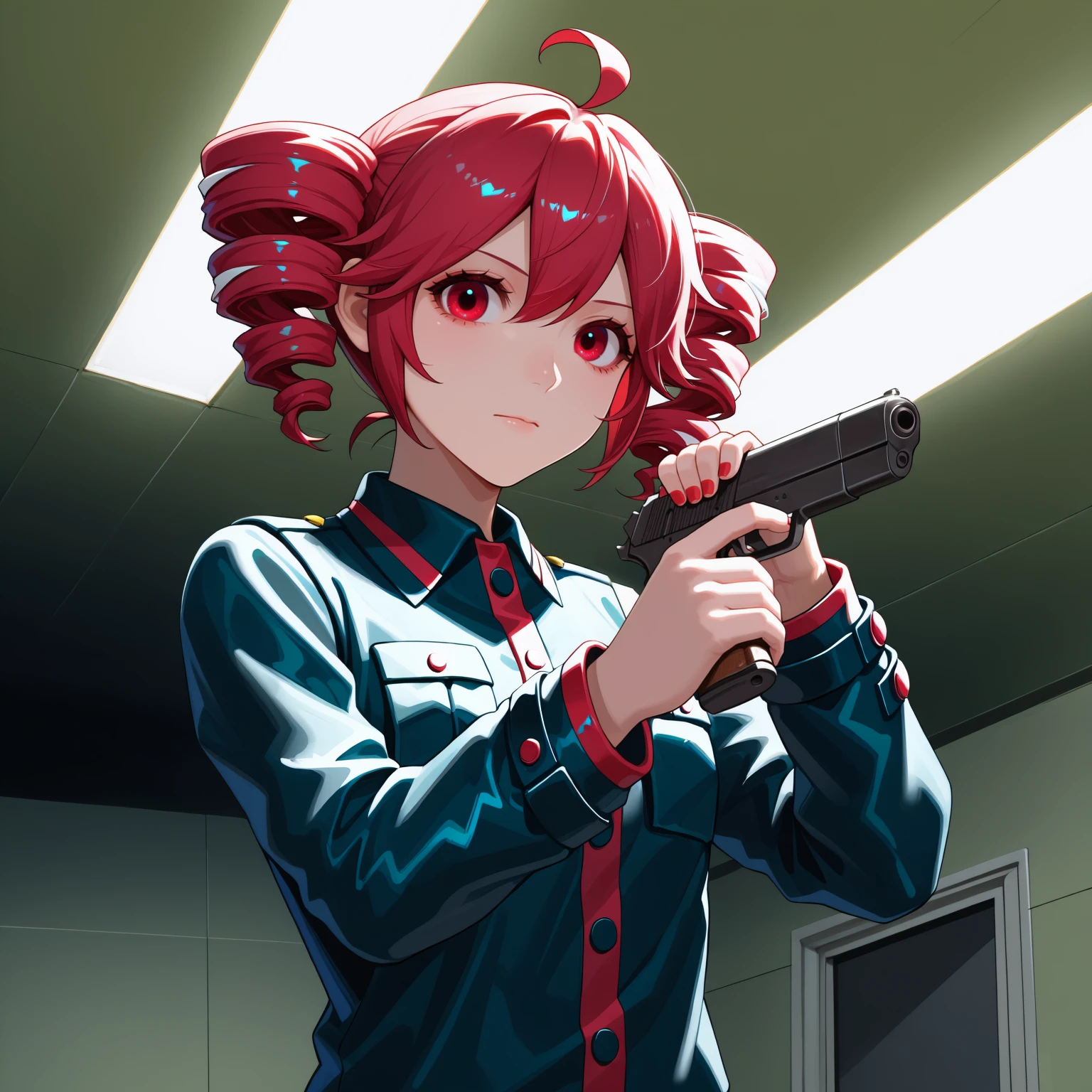 holding gun, handgun, trigger discipline, 1girl, kasane teto, looking at viewer, closed mouth, upper body, indoors, ceiling light, <lora:Im_a_healer_but_meme-000010:1>
