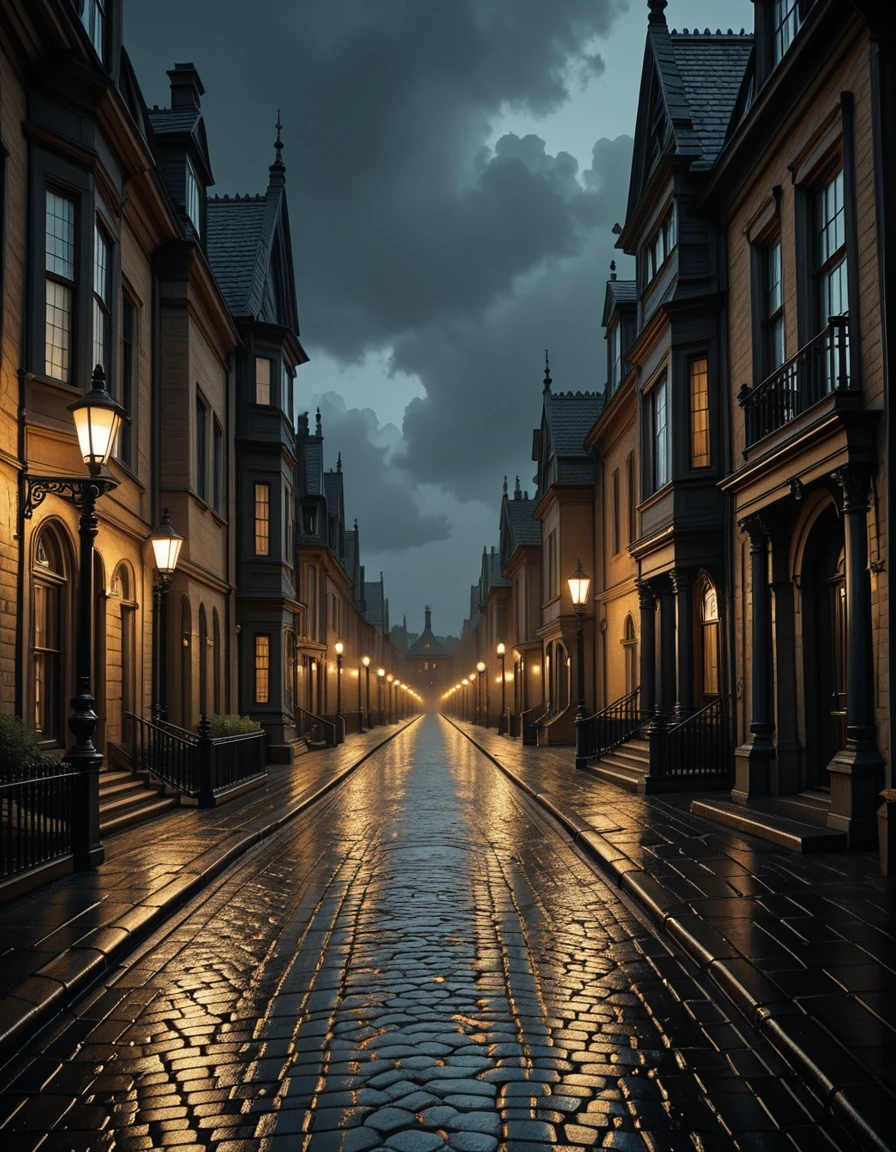 A mysterious and beautiful view of a fantastical Victorian street at night, its cobblestone pavement glistening wet after rain. Gas street lamps cast a soft golden glow along the road, while grand mansions and gothic-style houses line both sides of the street. Their tall windows shine with warm light against the darkness, creating a striking contrast. Above, the deep night sky stretches overhead, filled with drifting clouds that add to the moody, atmospheric scene. No people present.Victorian street 4t n1ght <lora:Victorian_street_4t_n1ght-i:1>, Masterpiece,best quality,hi res,8k,hi res,8k,award winning,(sharp focus, intricate, highly detailed),