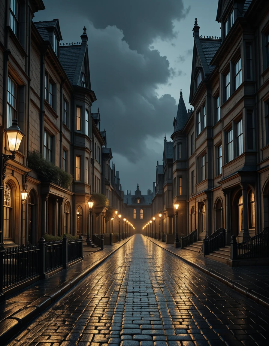 A mysterious and beautiful view of a fantastical Victorian street at night, its cobblestone pavement glistening wet after rain. Gas street lamps cast a soft golden glow along the road, while grand mansions and gothic-style houses line both sides of the street. Their tall windows shine with warm light against the darkness, creating a striking contrast. Above, the deep night sky stretches overhead, filled with drifting clouds that add to the moody, atmospheric scene. No people present.Victorian street 4t n1ght <lora:Victorian_street_4t_n1ght-i:1>, Masterpiece,best quality,hi res,8k,hi res,8k,award winning,(sharp focus, intricate, highly detailed),