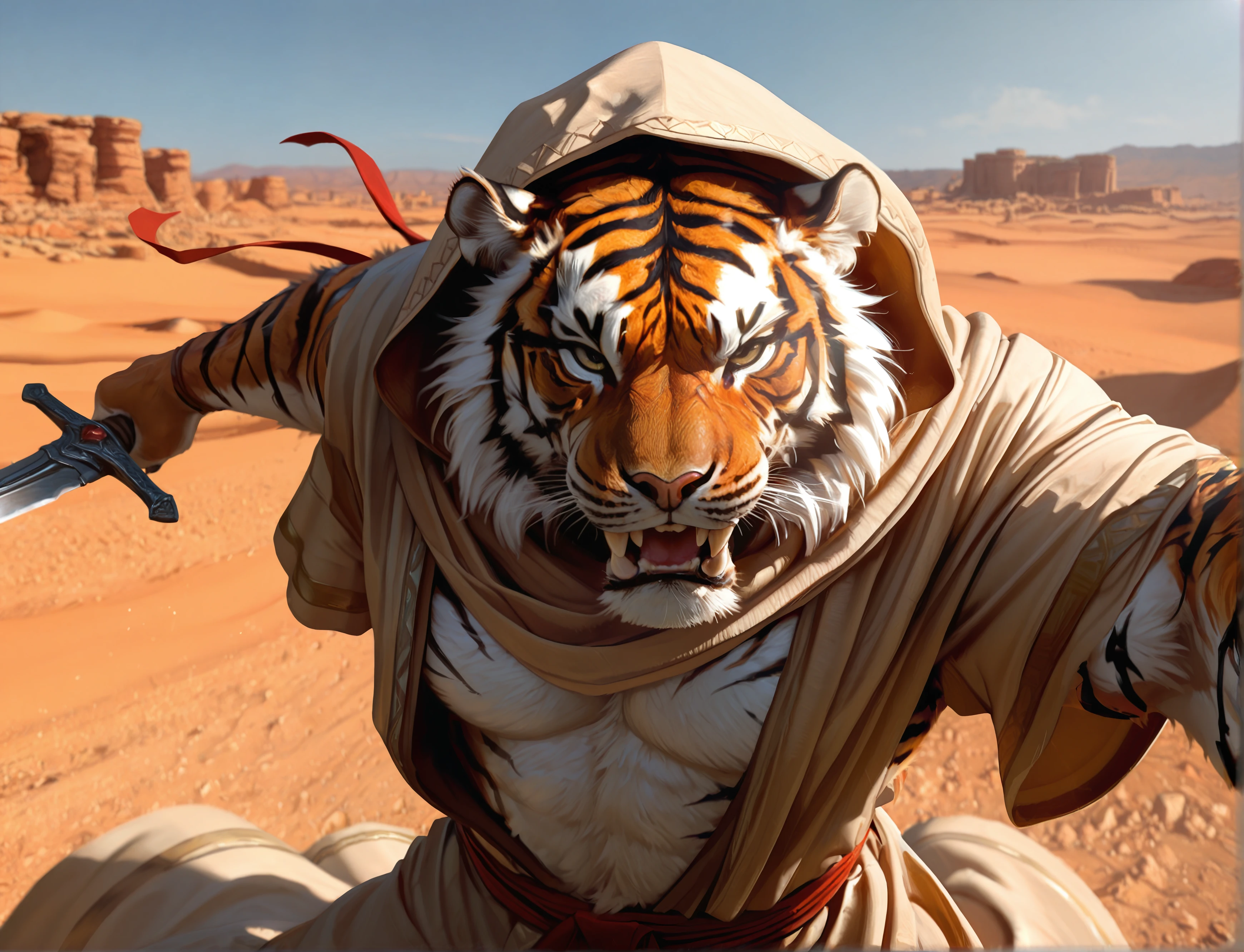 masterpiece, best quality, perfect quality, very awa, absurdres, newest, very aesthetic, photorealism, photorealistic, photo (medium), dynamic pose,
desert clothes, robes, hood, close up, dynamic pose, battle pose, curved sword, desert village,
1boy, solo r4ksh4s4, tiger stripes, fangs, sharp teeth, animal ears, fur, black stripes, anthro, sharp teeth, round ears, orange skin, white underbelly
<lora:Rakshasa for Illustrious:0.9>