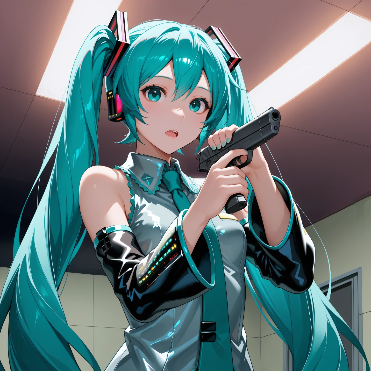 holding gun, handgun, trigger discipline, 1girl, hatsune miku, looking at viewer, open mouth, upper body, indoors, ceiling light, <lora:Im_a_healer_but_meme-000010:1>