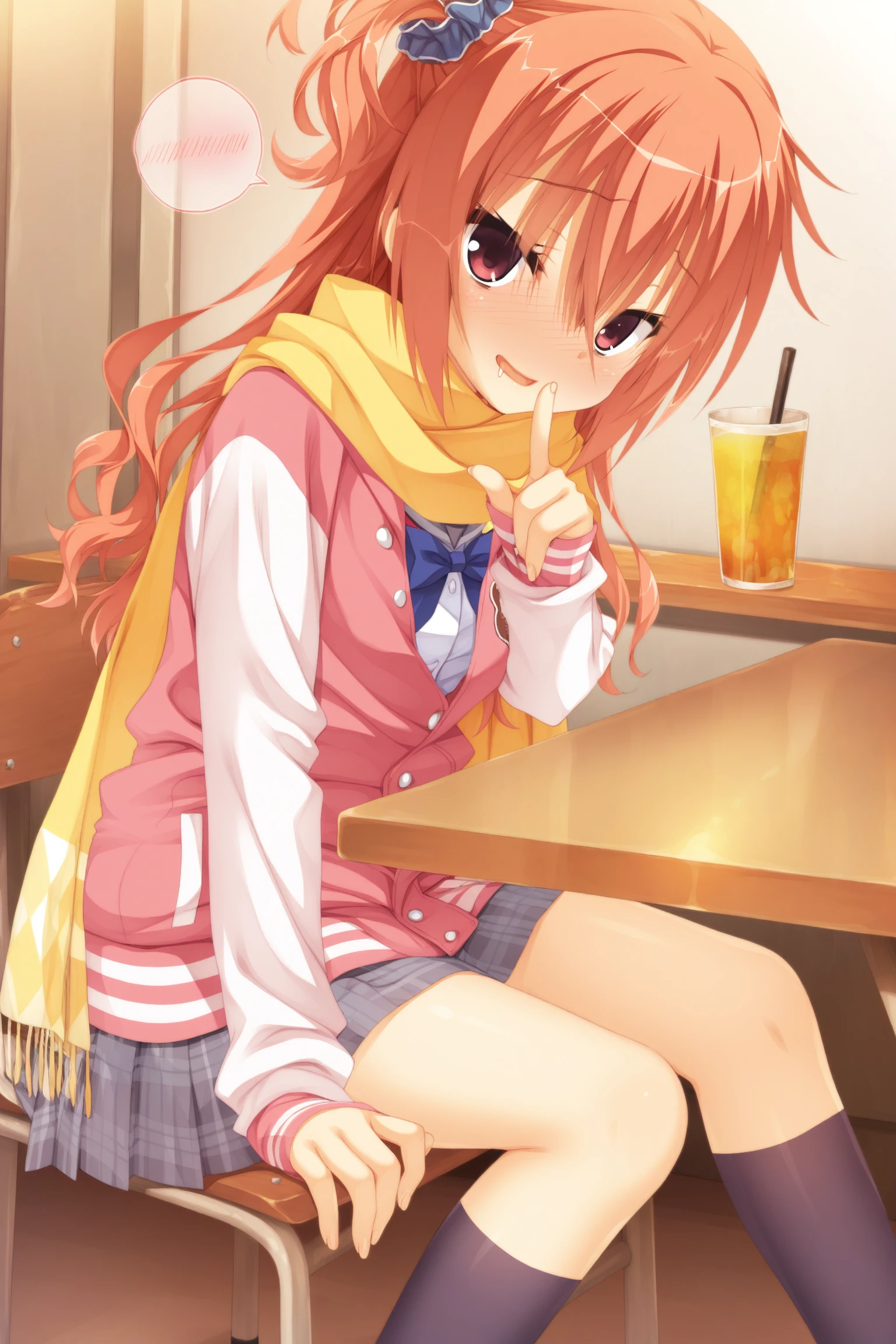 masterpiece,best quality,amazing quality,game cg,, inaba meguru, meguru_school,
orange hair, long hair,red eyes,
one side up,letterman jacket, black socks, blue bowtie, blue scrunchie, grey skirt, hair scrunchie, pink jacket, pleated skirt, loafers,grey sailor collar,
yellow scarf,, from side,table,sitting,blue sailor collar,full-face blush,drooling,drink,finger to mouth,flashing,indoors,looking at viewer,shushing,spoken blush,lift by self,
, 1girl,solo,
nsfw,