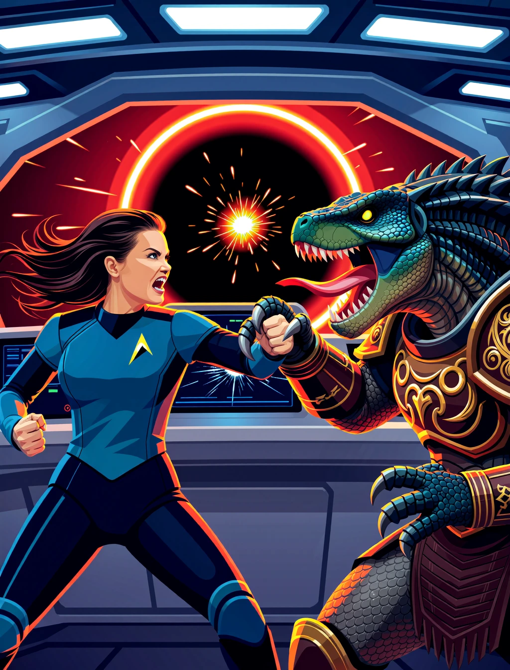 v3ct0r 2d flat vector illustration. On the bridge of a starship, amidst a shower of sparks from a damaged control console, a resolute female captain engages in fierce hand-to-hand combat with a reptilian warlord. Her face is a portrait of focused fury as she parries a blow from the alien's clawed hand. The warlord, clad in ornate, barbaric armor, hisses, its forked tongue flicking out and its yellow, slitted eyes burning with hatred as they grapple against the backdrop of a swirling red alert light.