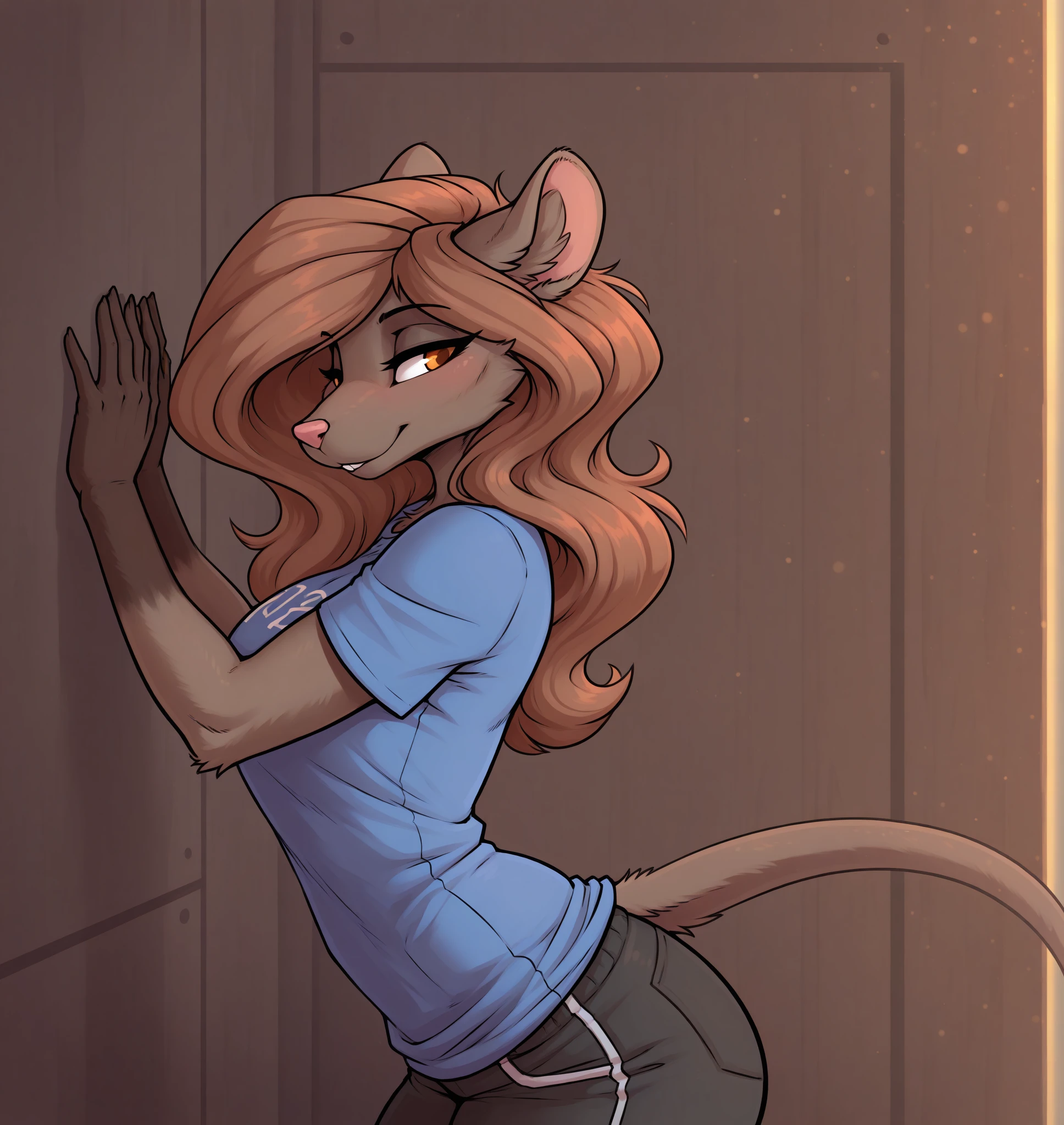 <lora:Phenya_Style_Illustrious:0.7> phenya, masterpiece, best quality, absurd res, hi res, anthro, unguligrade anthro, brown rat, rodent, murid, murine, BREAK detailed background, at a science fair, clothing, clothed, t-shirt, coy, half smile, glancing sideways, from side, hands showing number one