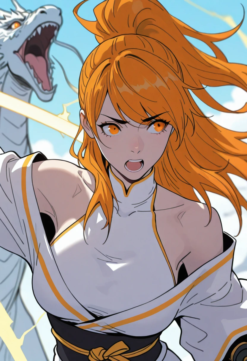 HDR, masterpiece, best quality, very aesthetic, (realistic:1.1), (flat color:1.5), xiaoninger, 1girl, solo, orange eyes, long hair, orange hair, high ponytail, sidekicks, swept bangs, eyes visible through eyes,
white dress, white kimono, bare shoulders, off shoulder, halterneck, banded high neck halter, collarbone, sash, long sleeves, covered collarbone, large breasts, 
blurry background, animal, blue sky, dancing, day, depth of field, dual wielding, winged dragon, floating hair, winged dragon, lightning katana, hand lightning katana, holding, holding katana, lightningkinesis, outstretched arm, oversized animal, school of winged dragon, sideways glance, sky, solo, upper body, wind lightning, wide sleeves, wind, perfect eyes, looking away, yelling,