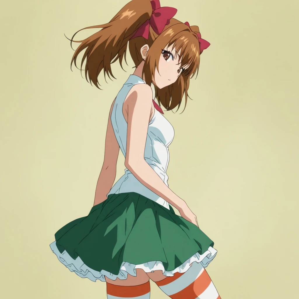 masterpiece,high score,great score,absurdres,anime coloring,looking at viewer,solo,cowboy_shot,from side,<lora:SayakaYukimura ag4o:1> sayakayukimura, brown hair, twintails, hair bow, brown eyes,sleeveless shirt,ribbon,green skirt,striped thighhighs,